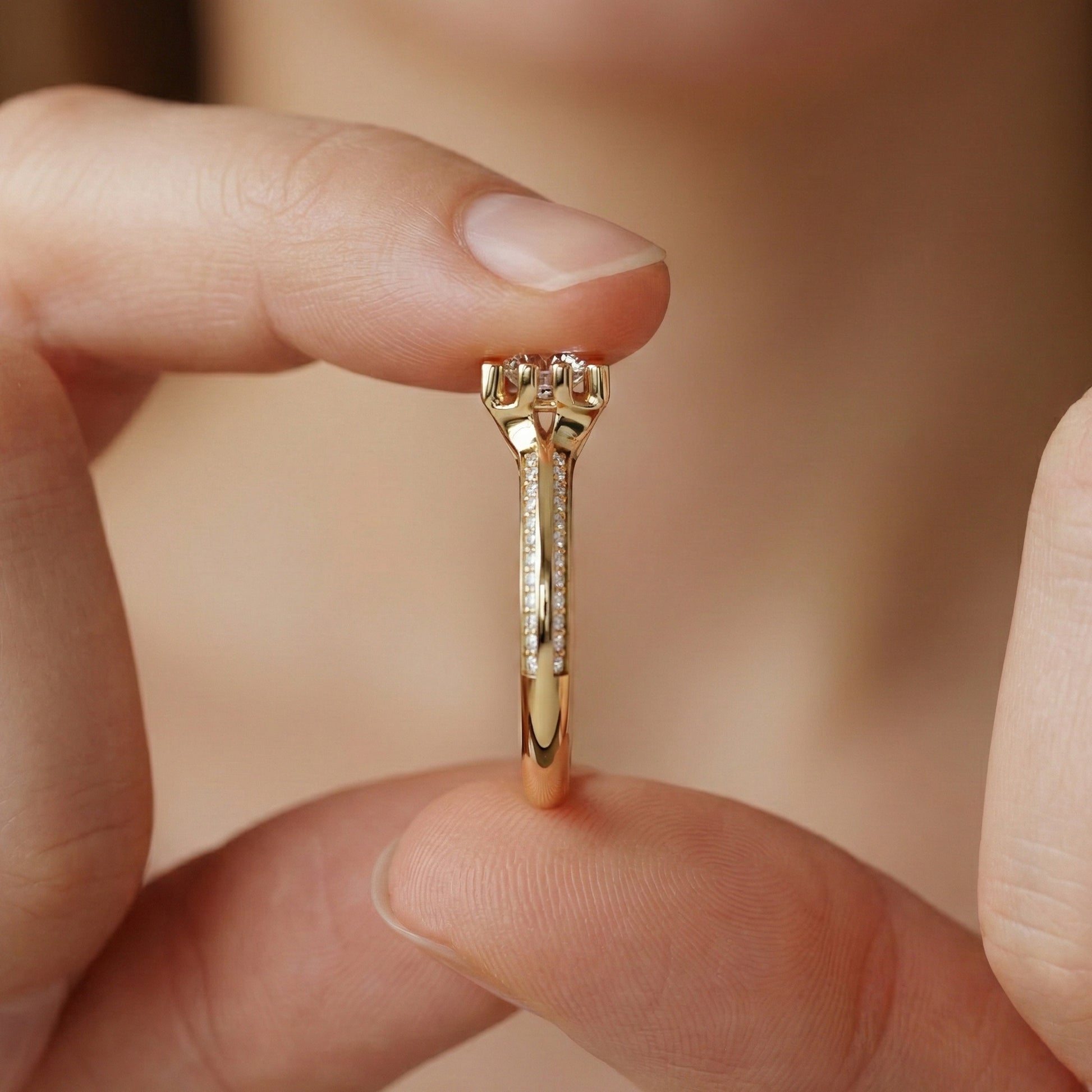 Open Shank Double Pavé Engagement Ring in 14K Solid Gold, 0.50 CT Round Cut Lab Created Diamond, Wedding Gift For Women, Unique Cuff Ring