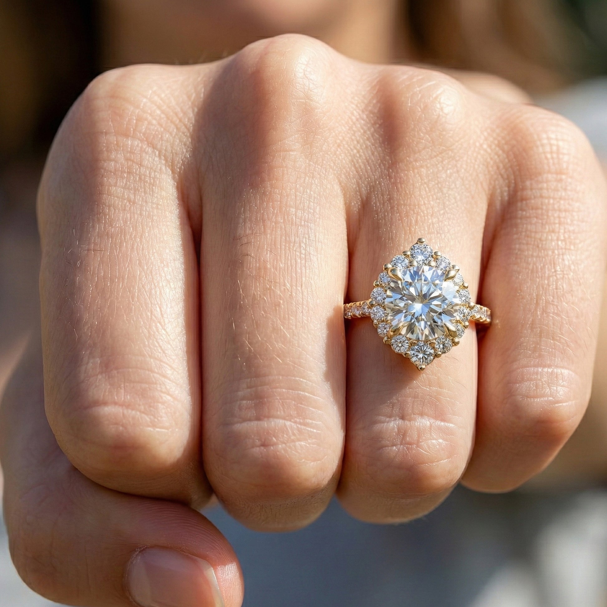 Dainty Floral Diamond Halo Pave Engagement Ring in 14K Solid Gold, 1.00 CT Round Cut Lab Diamond, Handmade Bridal Jewelry, Anniversary Gift for Her