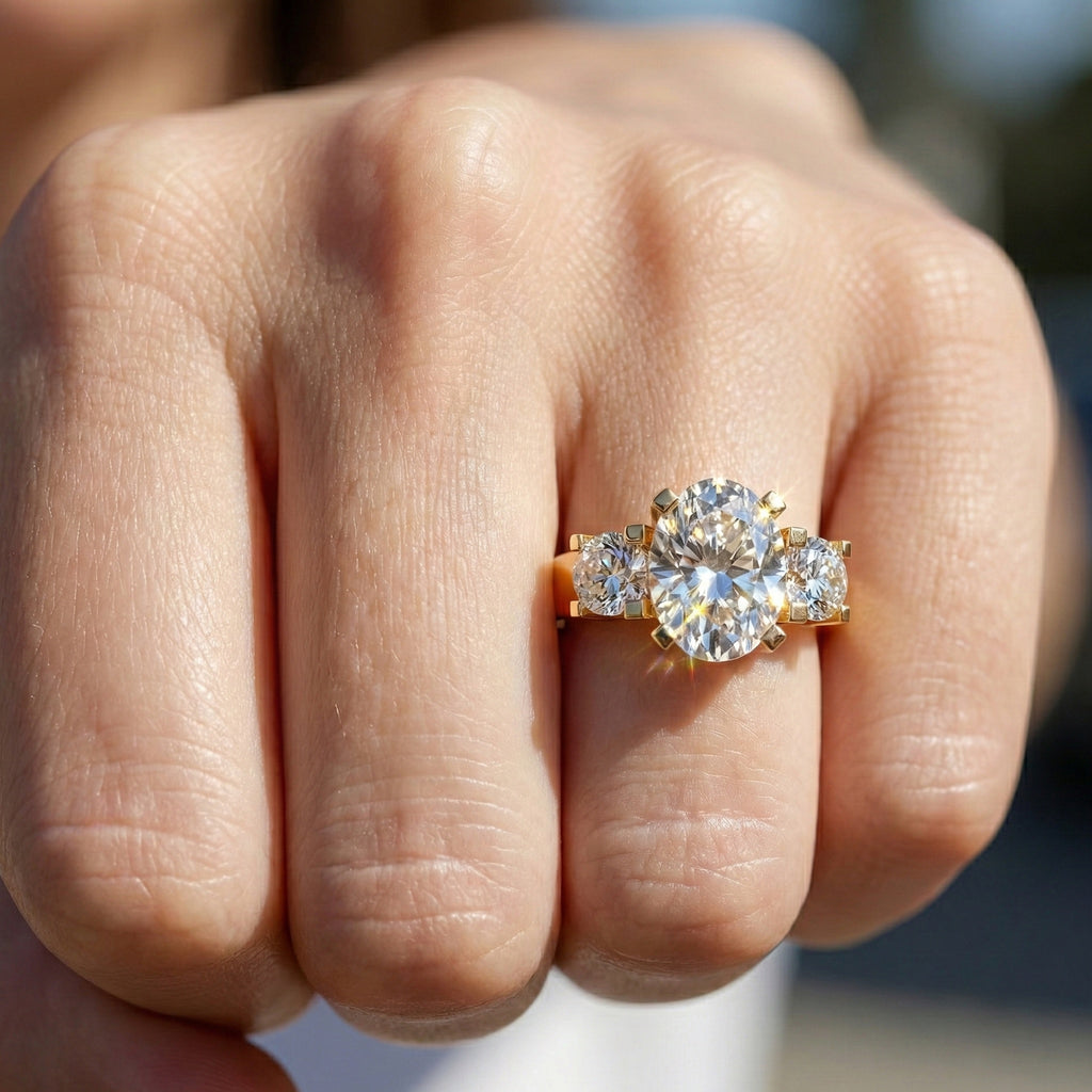 Oval/Round Cut Three Stone Lab Grown Diamond Engagement Ring in 14K Yellow Gold, Propose Ring, Handmade Jewelry