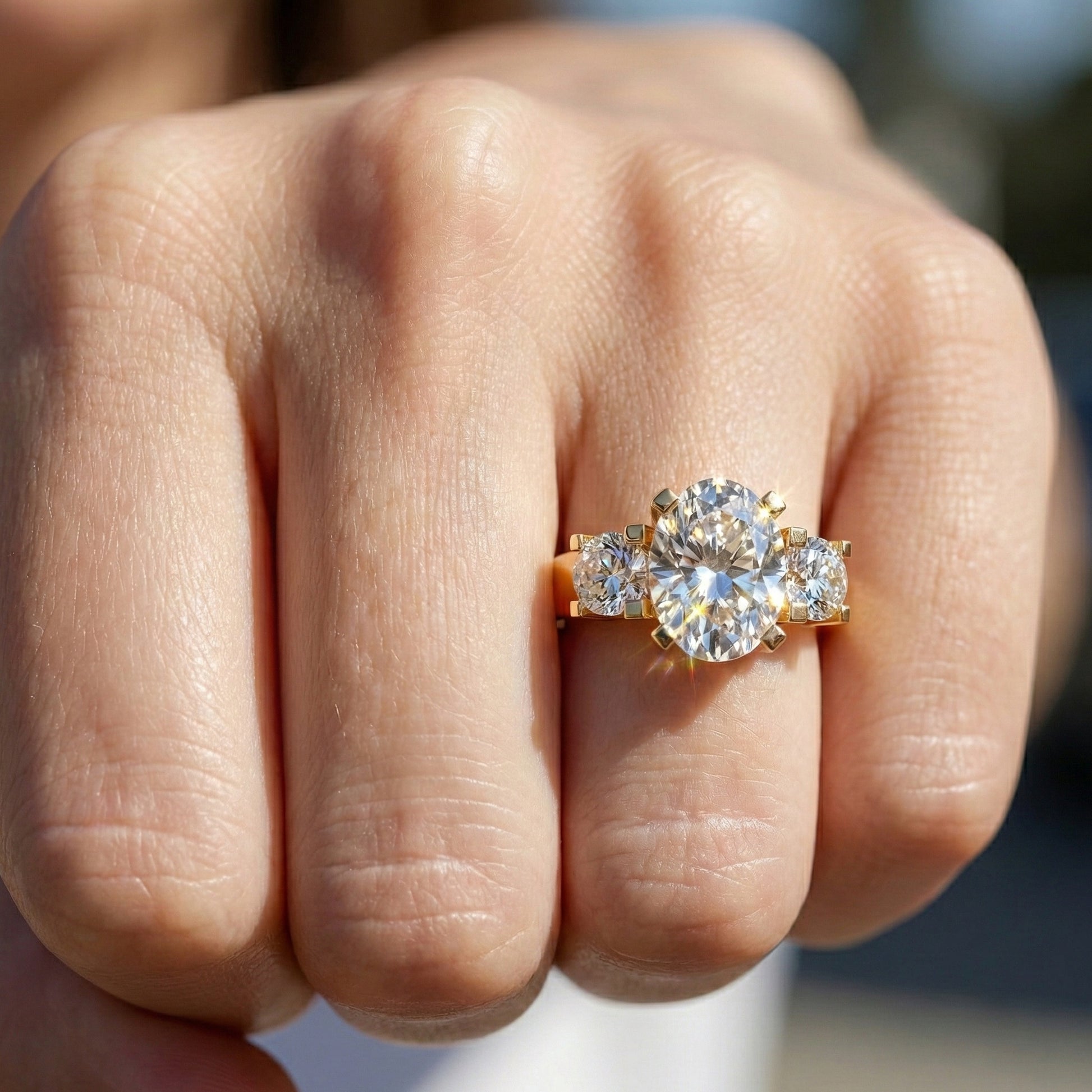 Oval/Round Cut Three Stone Lab Grown Diamond Engagement Ring in 14K Yellow Gold, Propose Ring, Handmade Jewelry