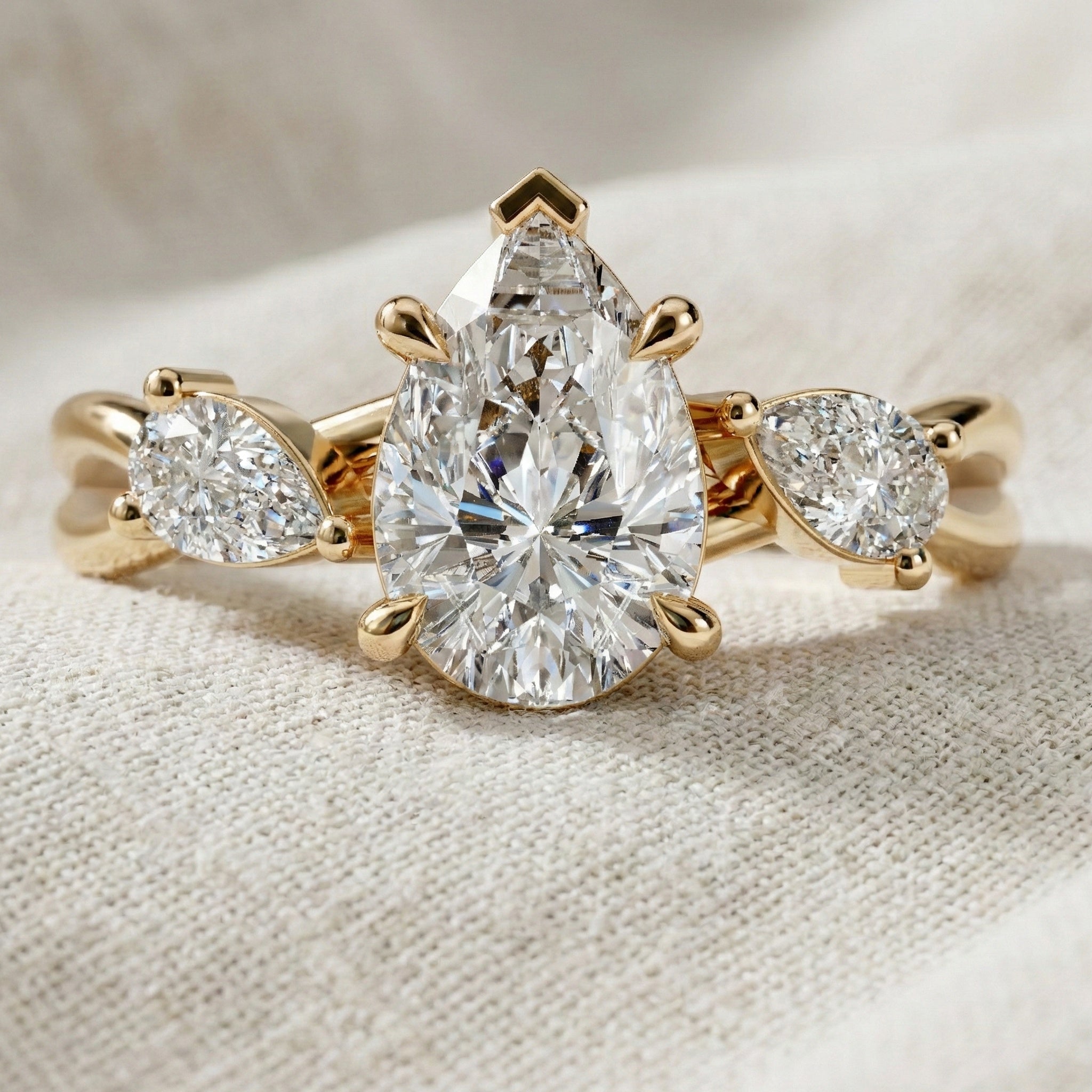 Unique Twisted Three Stone Engagement Ring in 14K Solid Gold, 1.30 TCW Pear Cut Lab Created Diamonds, Birthday Gift For Wife, Handmade Fine Jewelry