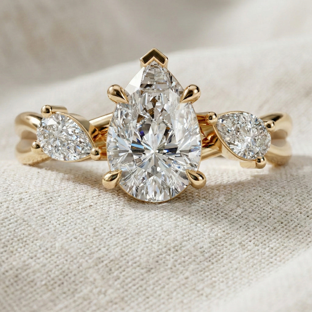 Unique Twisted Three Stone Engagement Ring in 14K Solid Gold, 1.30 TCW Pear Cut Lab Created Diamonds, Birthday Gift For Wife, Handmade Fine Jewelry