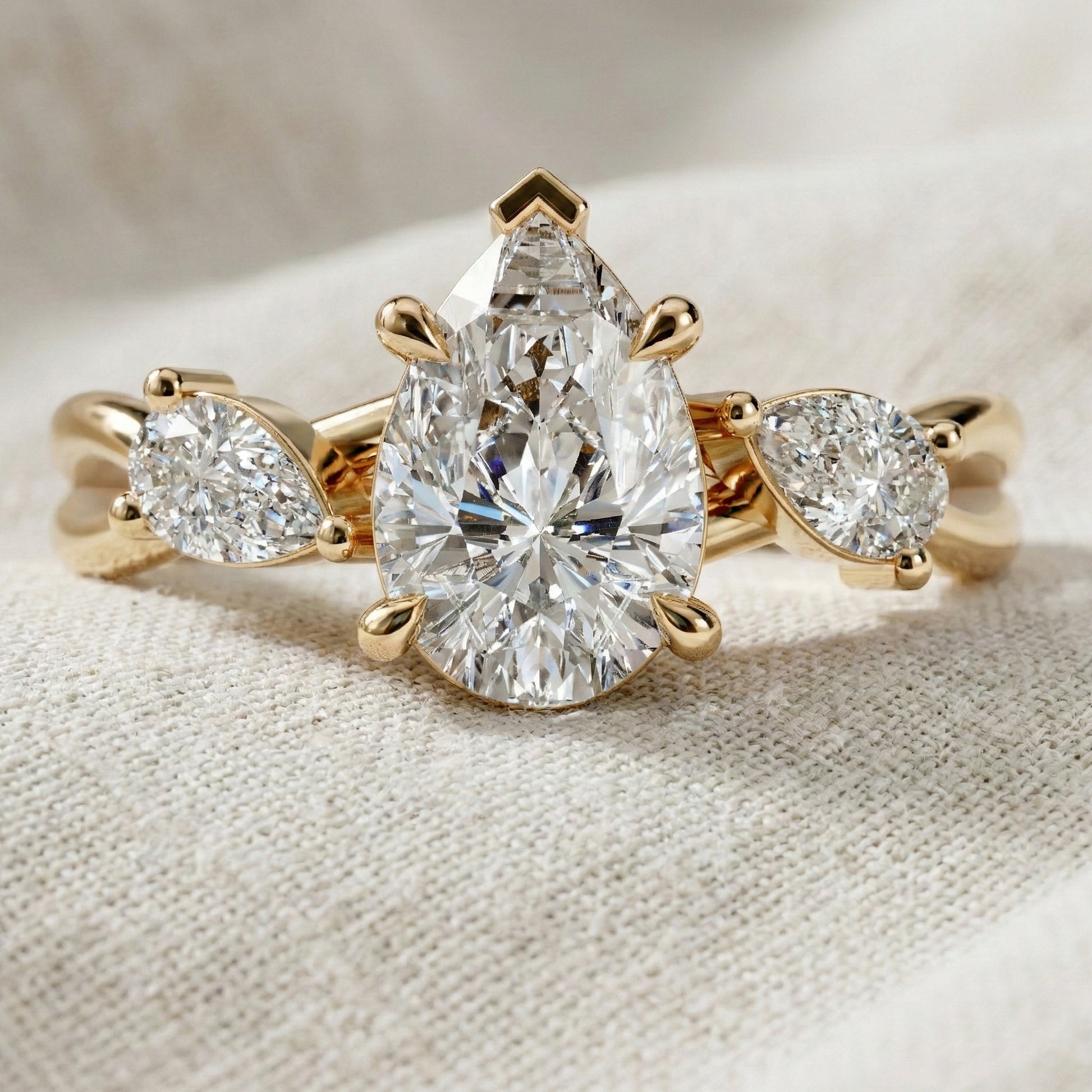 Unique Twisted Three Stone Engagement Ring in 14K Solid Gold, 1.30 TCW Pear Cut Lab Created Diamonds, Birthday Gift For Wife, Handmade Fine Jewelry