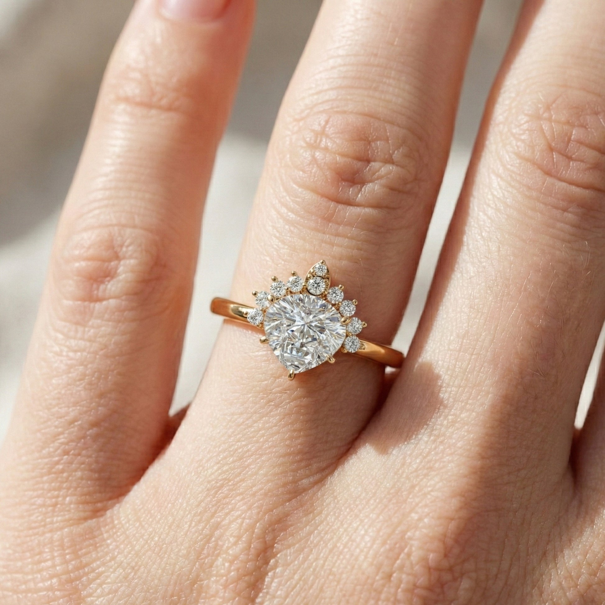 Crown Halo Pear Cut Cluster Engagement Ring in 18K Solid Gold, 0.95 TCW Lab Diamond Unique Wedding Bridal Jewelry, Anniversary Gift for Women