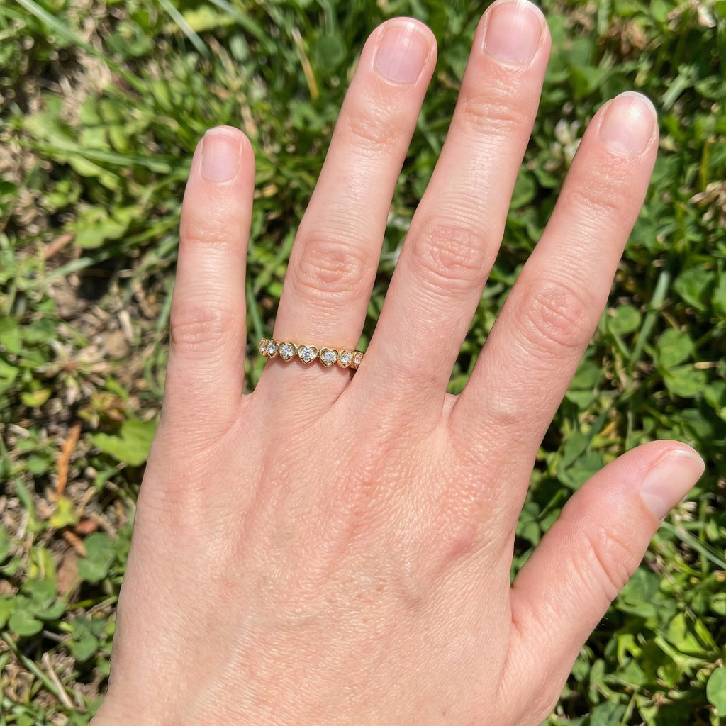 Heart Patterned Slim Stacker Wedding Ring in 14K Solid Gold, 0.07 TCW Round Cut Lab Created Diamonds, Everyday Ring, Birthday Gift For Her