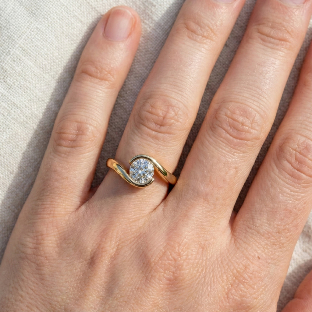 Swirl Bypass Solitaire Semi-Bezel Engagement Ring in 18K Rose Gold, 0.50 CT Round Cut Lab Grown Diamond, Promise Ring For Her