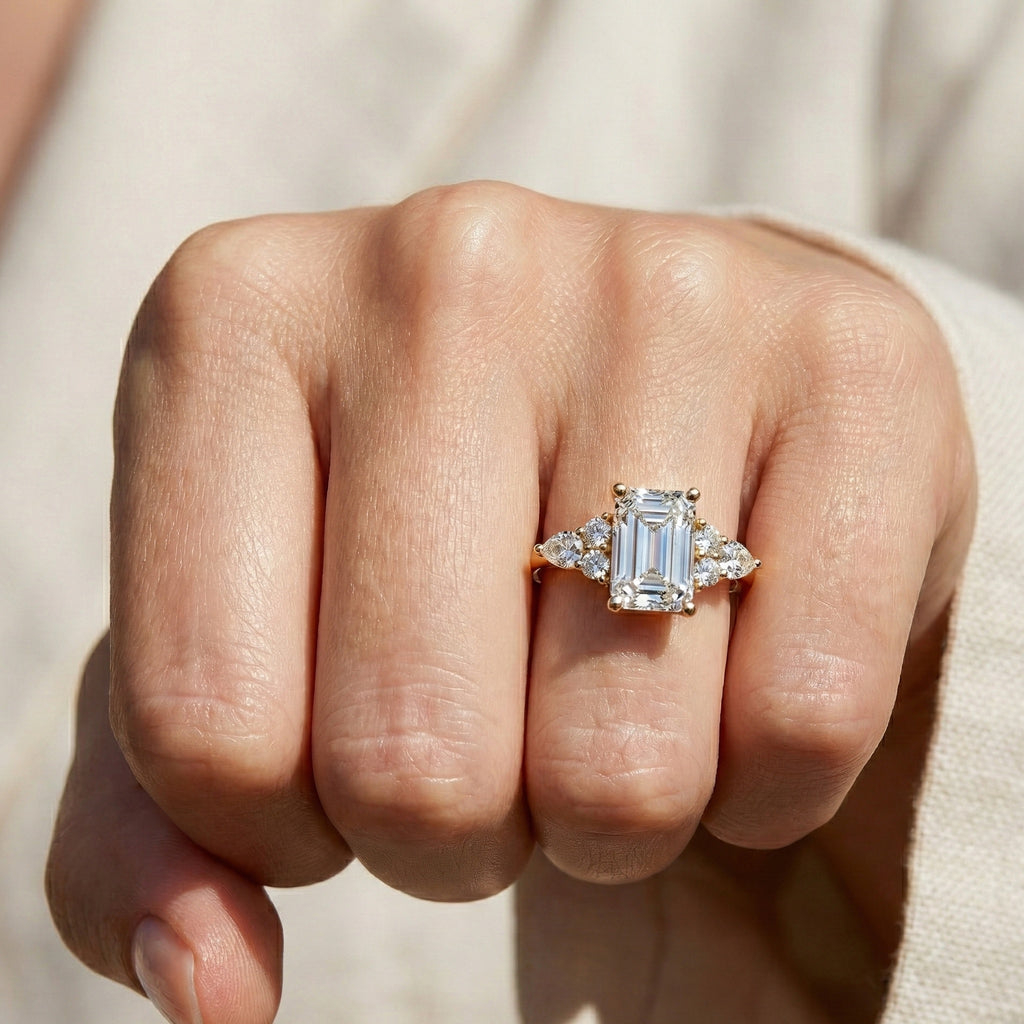 1.00 CT Emerald Cut Cluster Trio Engagement Ring in Lab Diamond – 14k Solid Gold, Anniversary Gift for Wife, Everyday Wedding Ring