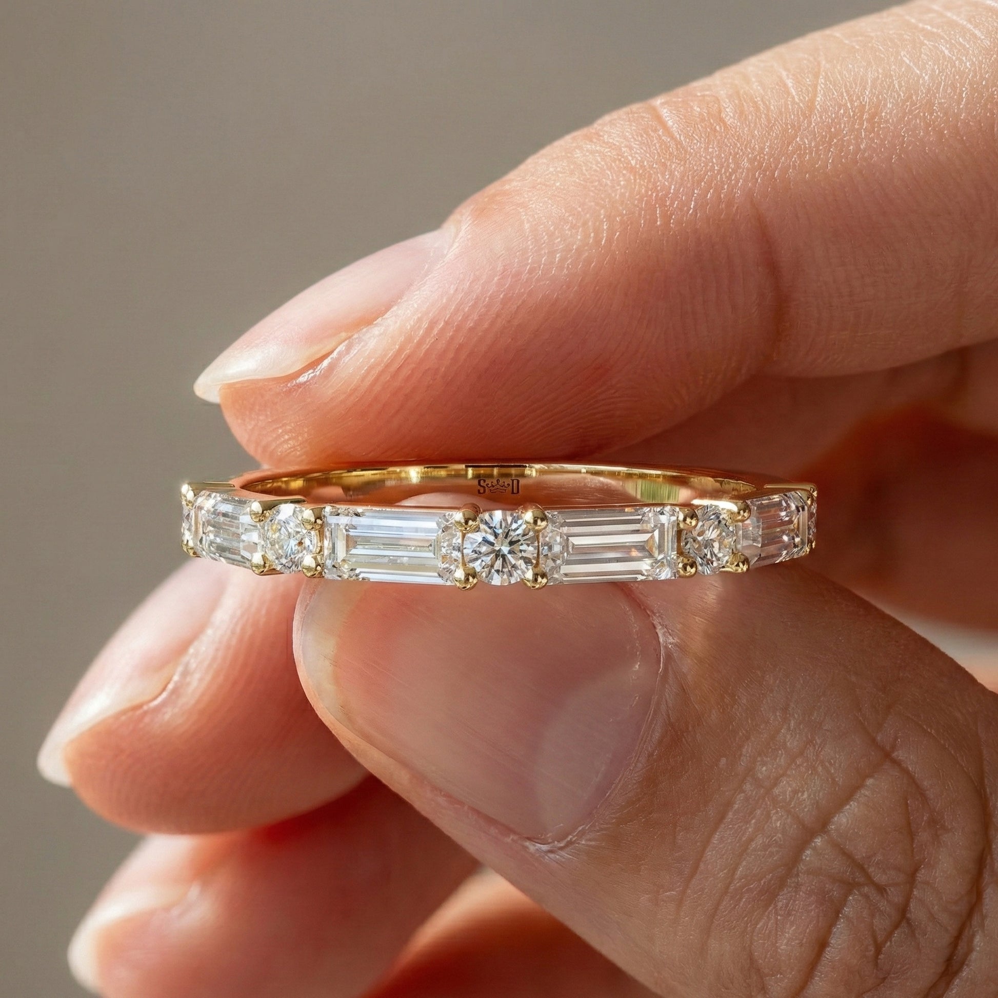 Dainty Baguette & Round Accent Band in 14K Solid Gold, 0.71 TCW Round/Baguette Cut Lab Grown Diamond, Wedding Jewelry, Promise Ring