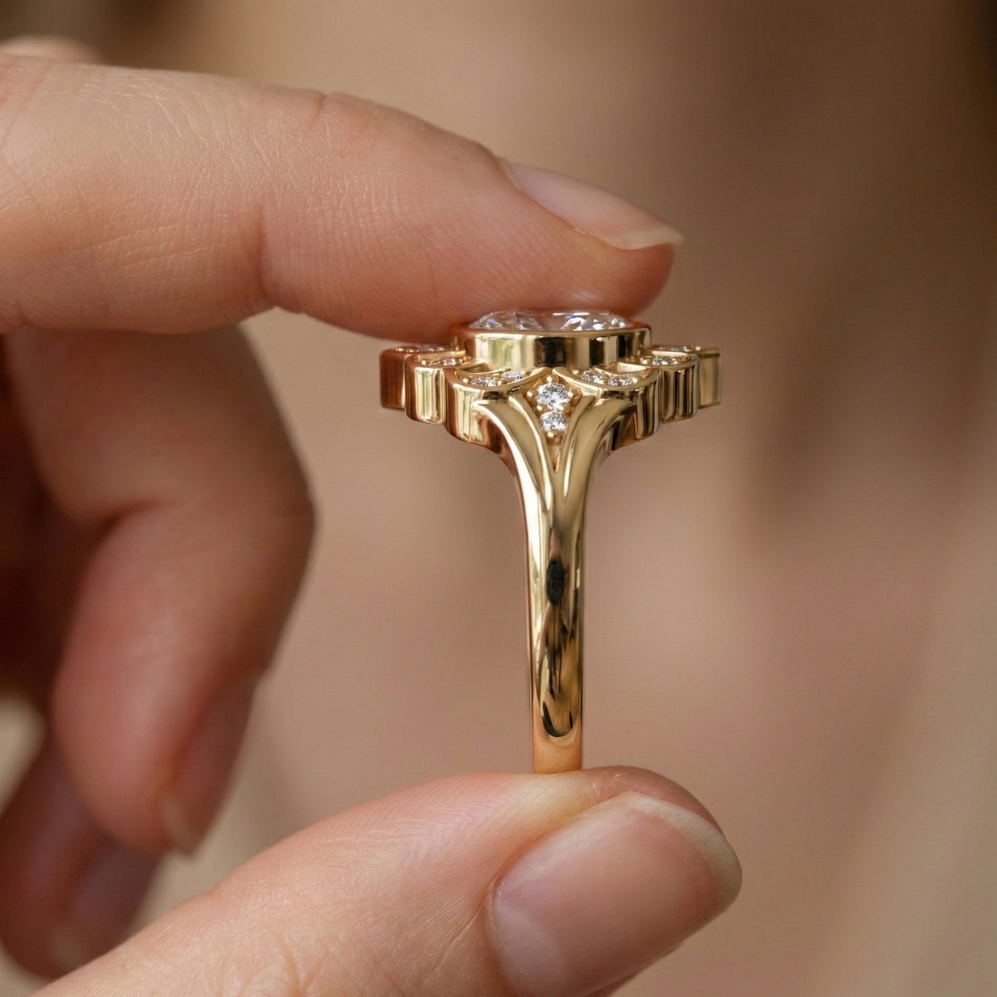 Vintage Floral Halo Wedding Ring in Lab Grown Diamond – Solid 9k/14k Gold or Sterling Silver Engagement Ring Bridal Jewelry Gift for Wife, Handmade Jewelry