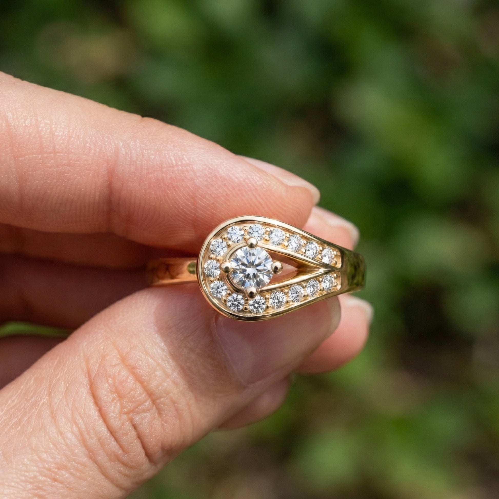 Teardrop Halo Solitaire Wedding Ring in 14k Yellow Gold, Elegant Halo Ring For Women, Anniversary Gift, Everyday Jewelry