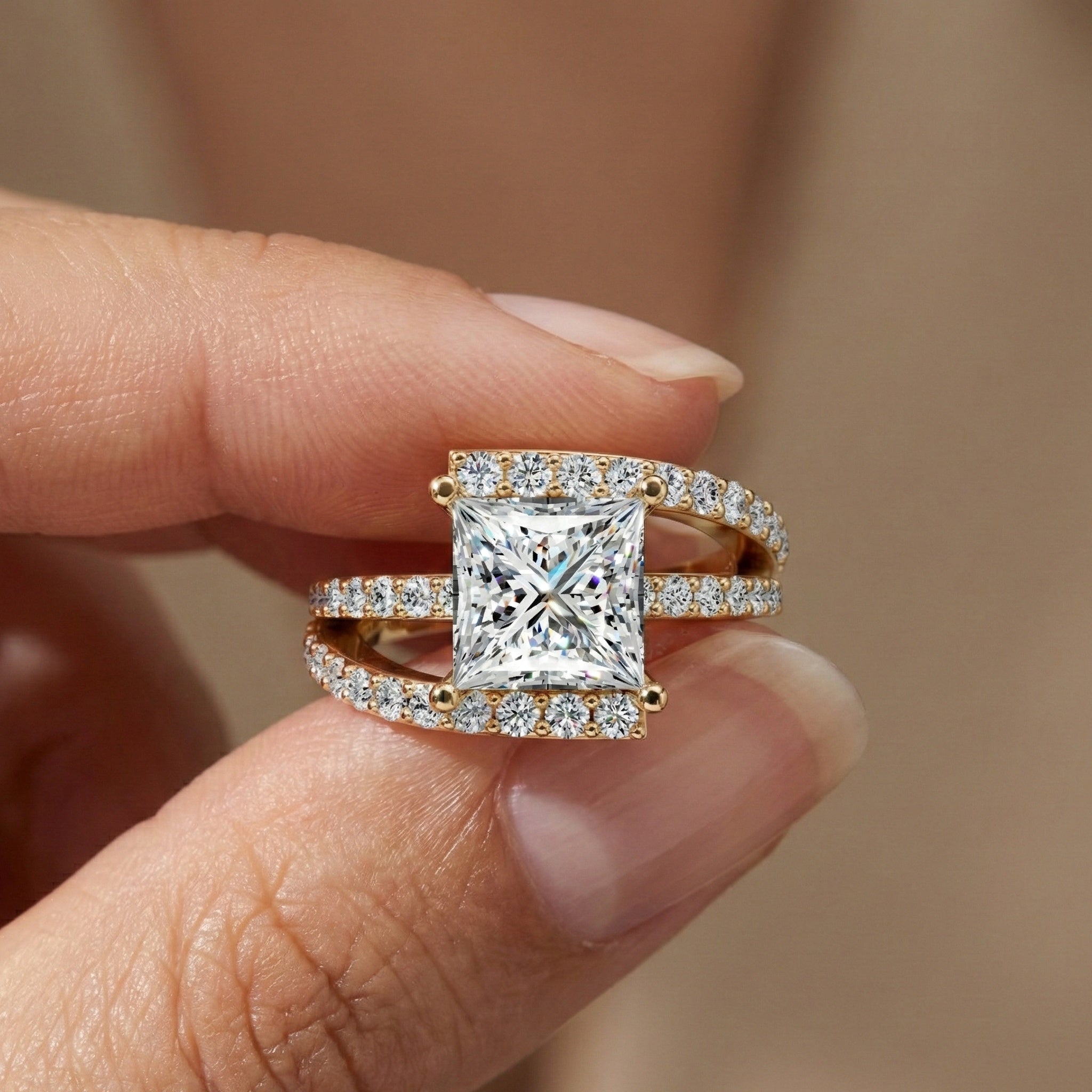 Modern Halo Split Shank Bypass Engagement Ring in 14K Solid Gold, 1.50 CT Princess Cut Lab Grown Diamond, Wedding Gift For Her