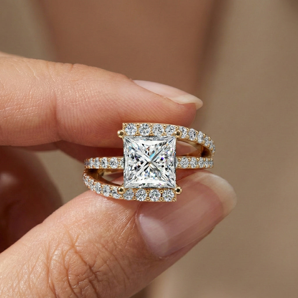 Modern Halo Split Shank Bypass Engagement Ring in 14K Solid Gold, 1.50 CT Princess Cut Lab Grown Diamond, Wedding Gift For Her