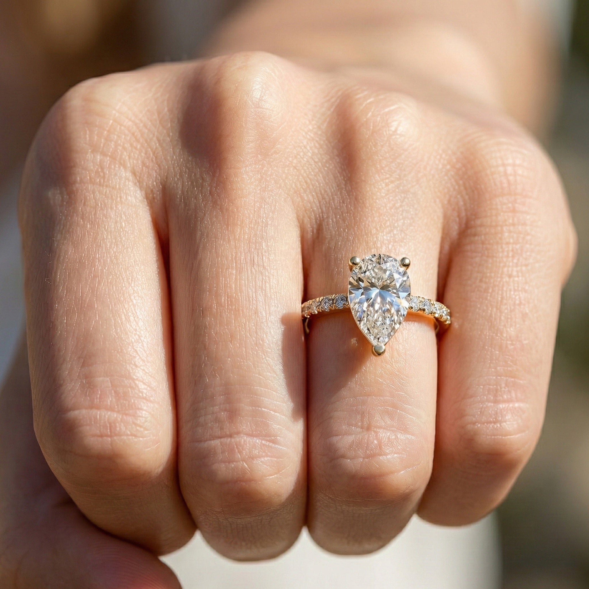 Dainty Pear Solitaire Pavé Engagement Ring in 14K Solid Gold, 1.50 CT Pear Cut Lab Grown Diamond, Proposal Jewelry, Anniversary Gift For Her