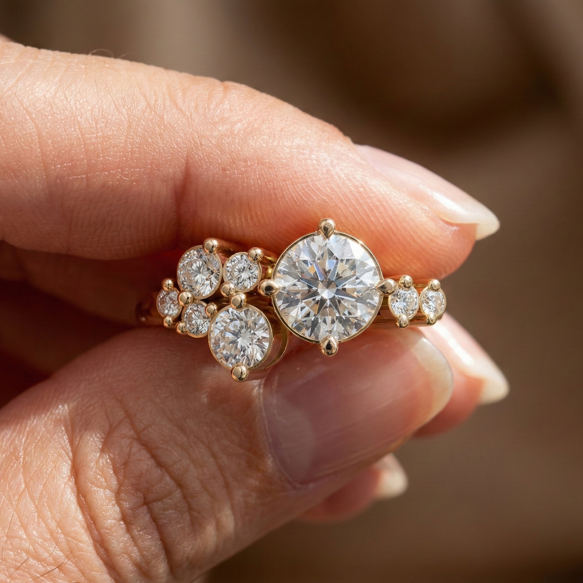 Asymmetrical Cluster Three Stone Engagement Ring in 14K Solid Gold, 0.70 CT Round Cut Lab Grown Diamond, Bridal Jewelry, Gift  For Her