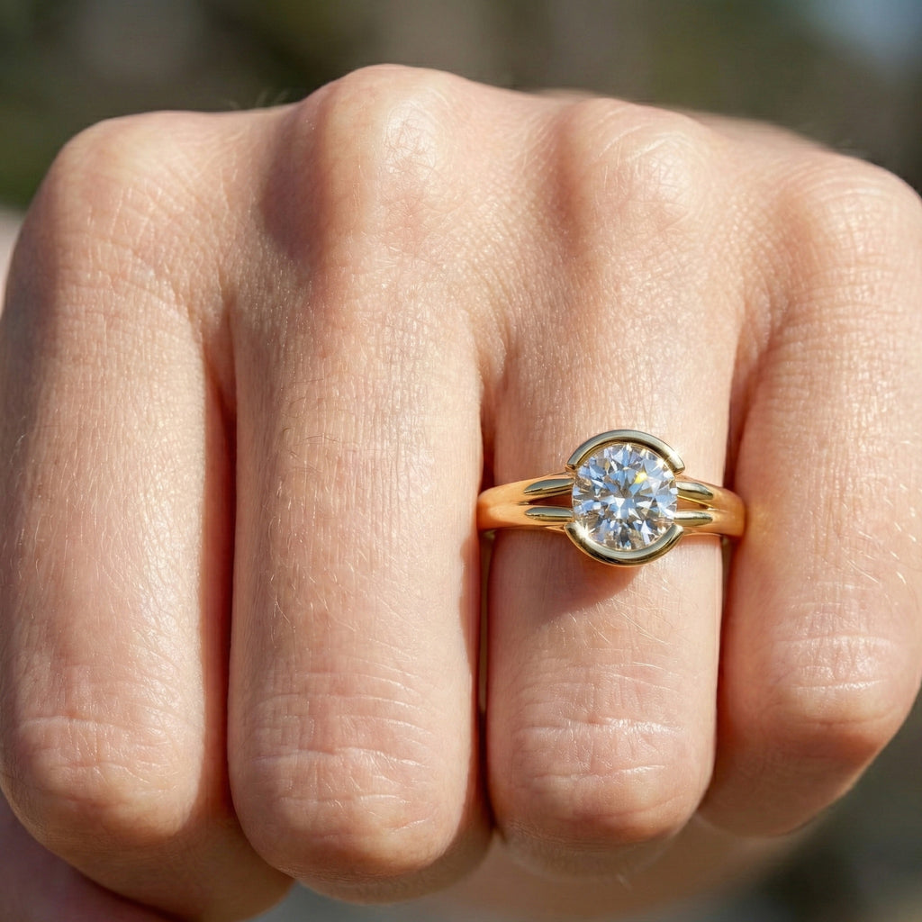 Split Shank Bezel Set Solitaire Engagement Ring in 14k Solid Gold, 0.50 CT CT Round Cut Lab Created Diamond, Wedding GIft for Her