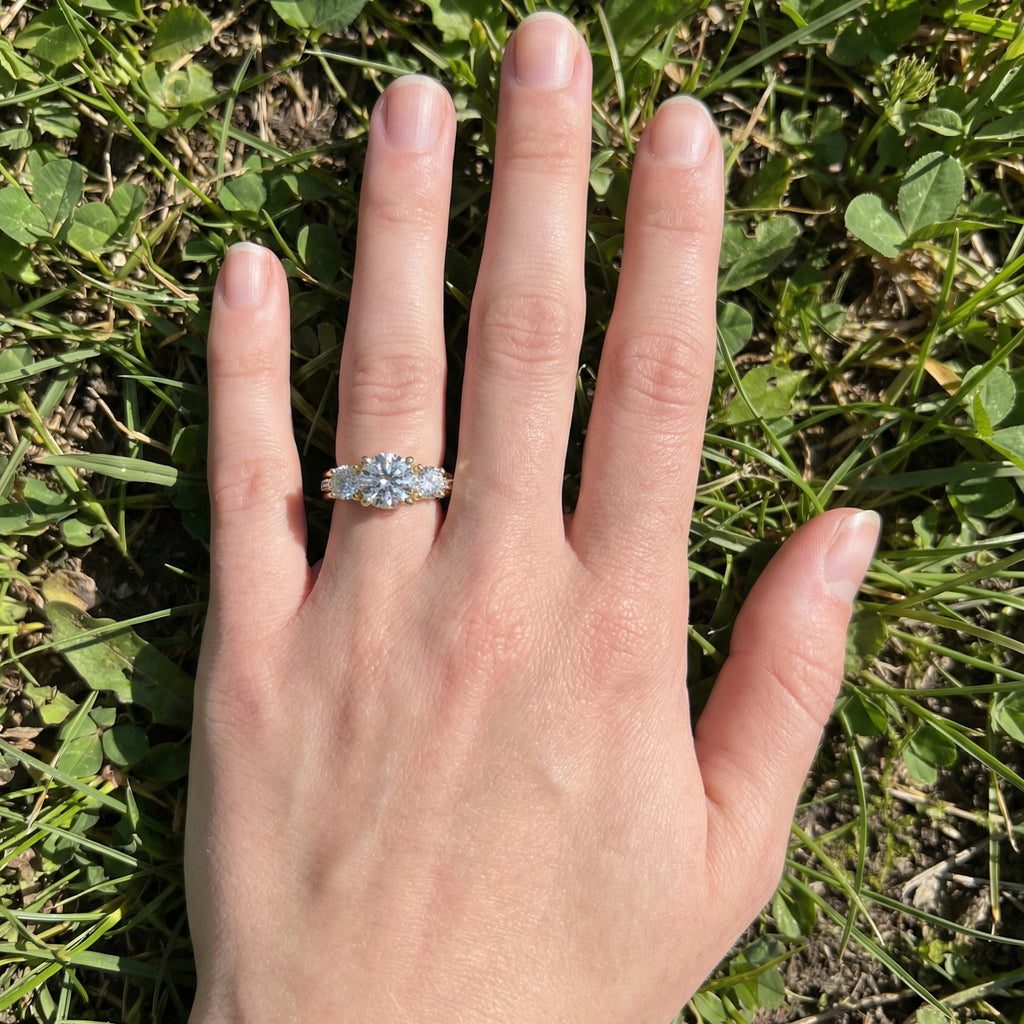 Vintage Three Stone Pave Filigree Engagement Ring in 14k Solid Gold, 1.84 TCW Round Cut Lab Created Diamonds, Everyday Gift for Wife