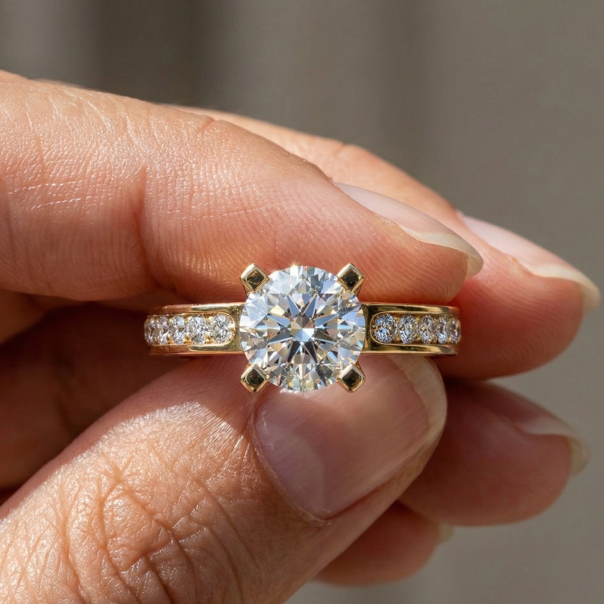 Modern Pavé Channel Set Engagement Ring in Solid 9k/14k Gold, 1.00 CT Round Cut Lab Diamond, Bridal Wedding Ring, Birthday Gift for Wife