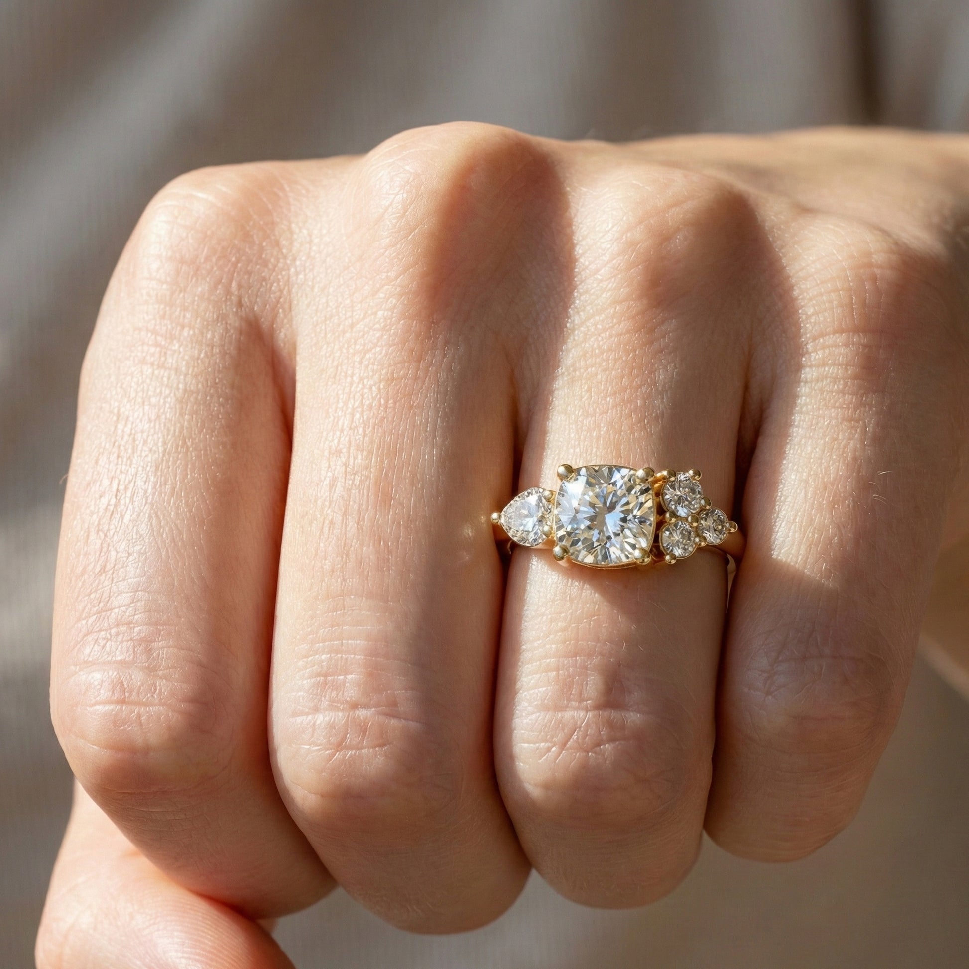 Cushion & Pear Toi et Moi Trio Cluster Anniversary Ring in Lab Grown Diamond – 14K Solid Gold, Daily Wear Jewelry,