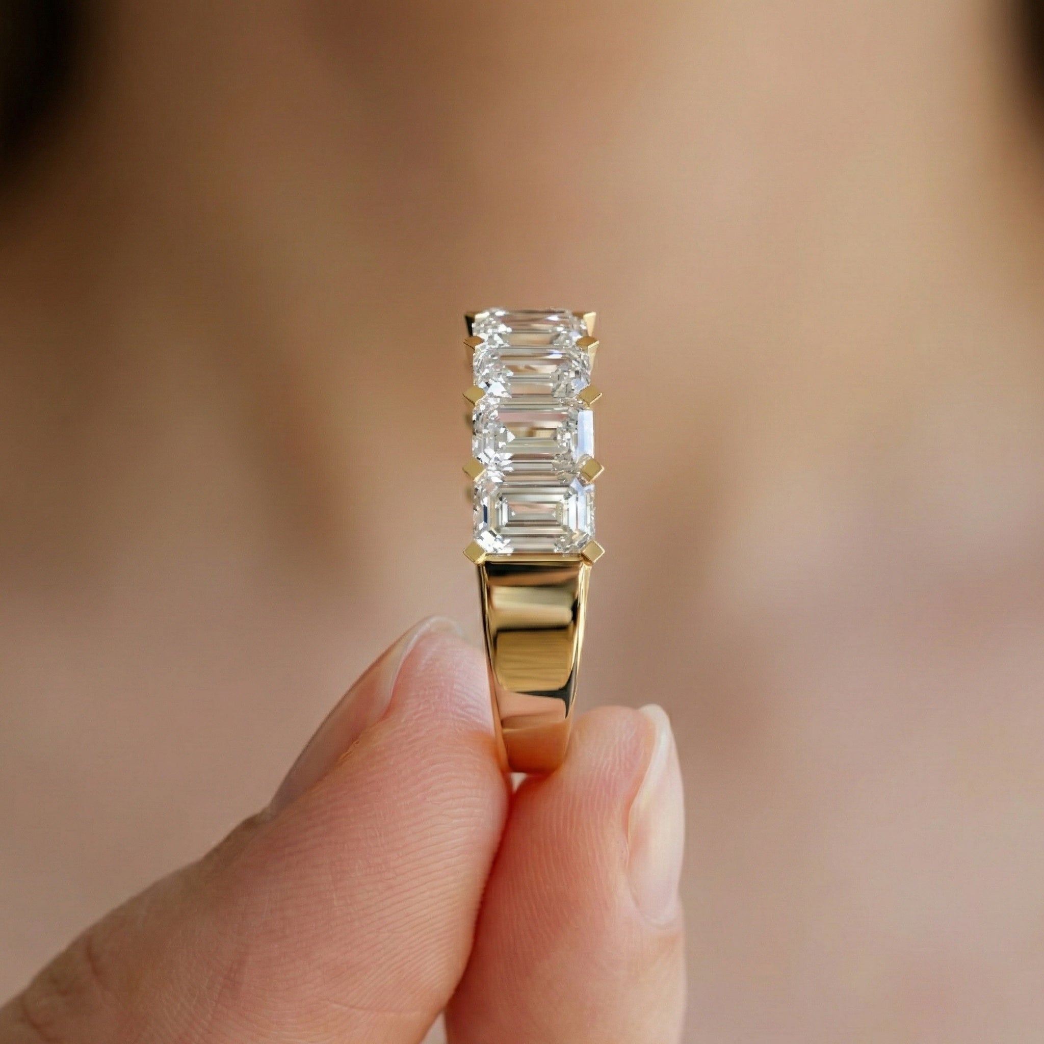 Timeless Emerald Cut Basket-Set Half Eternity Wedding Band in 14k Solid Gold, 2.50 TCW Emerald Cut Lab Created Diamonds, Bridal Jewelry