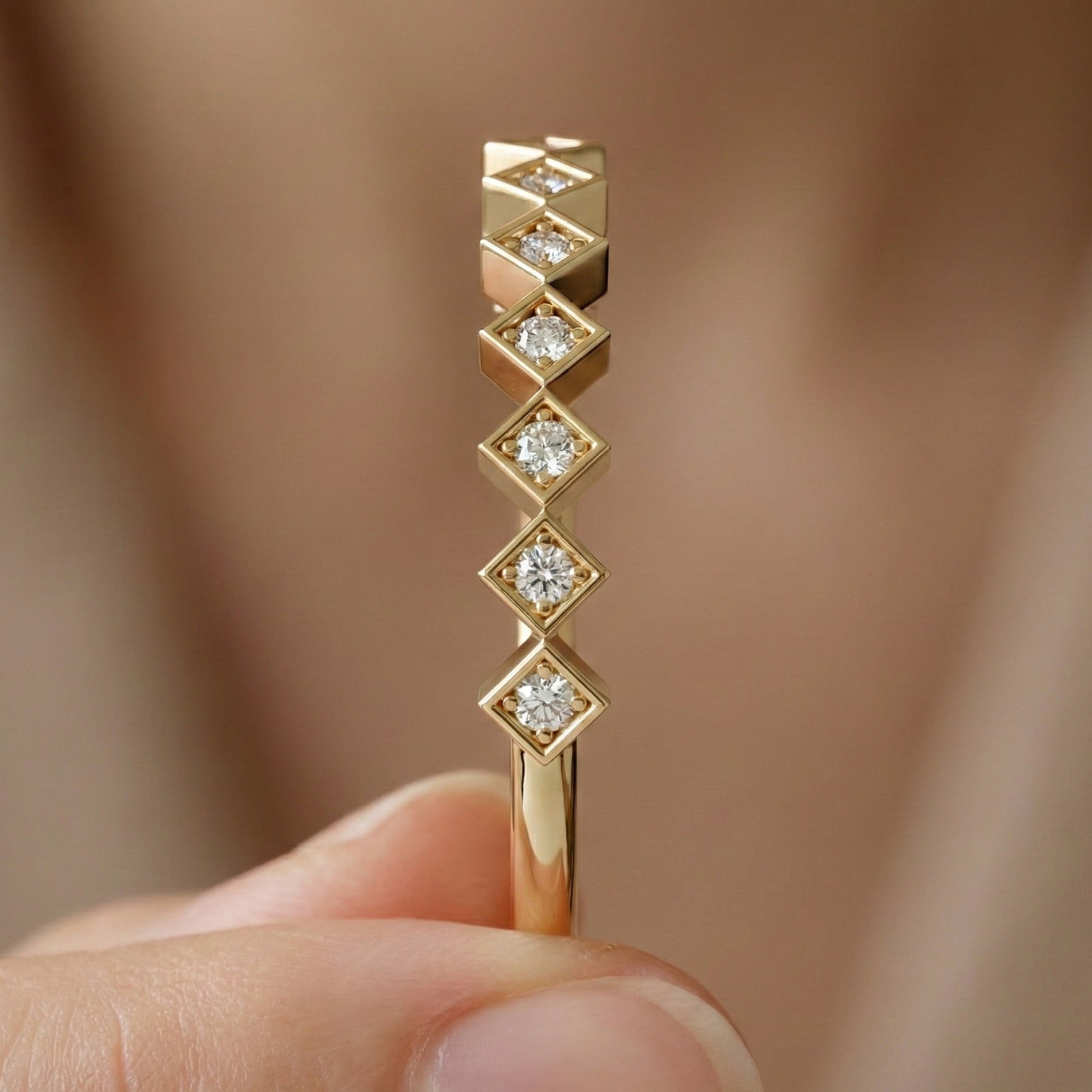 Contemporary Square Station Wedding Band in 14K Solid Gold, 0.07 TCW Round Cut Lab Grown Diamonds, Wedding Stacking Band, Graduation Gift for Her