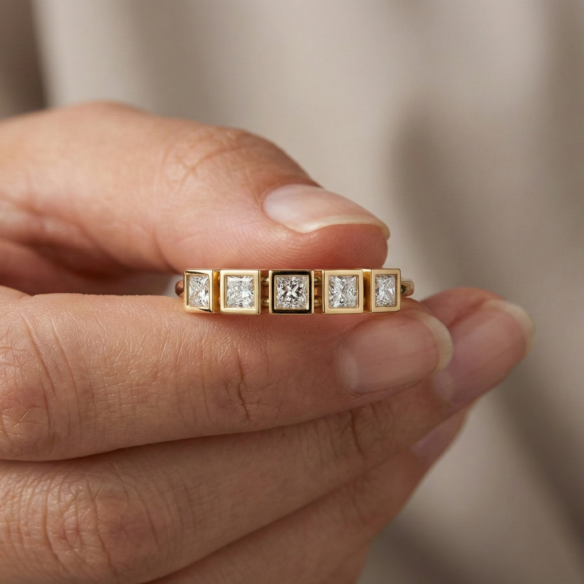 Bezel Set Half Eternity Wedding Band in 14K Solid Gold, 0.30 TCW Princess Cut Lab Grown Diamonds, Simple Band For Wife, Everyday Wedding Band