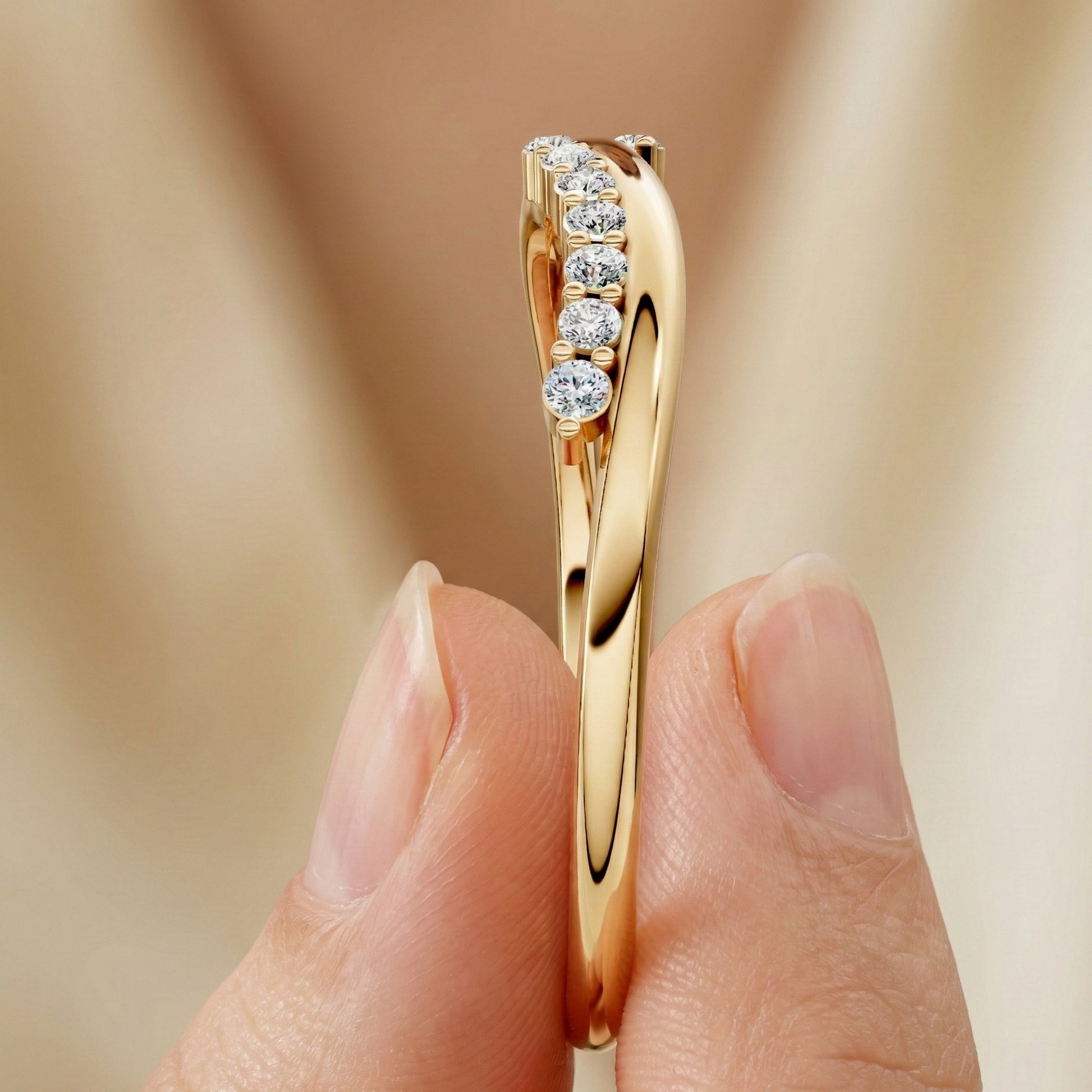 Curved Wave Crossover Wedding Band in Lab Diamond – 14k Rose Gold, Stacking Ring, Birthday Gift for Women