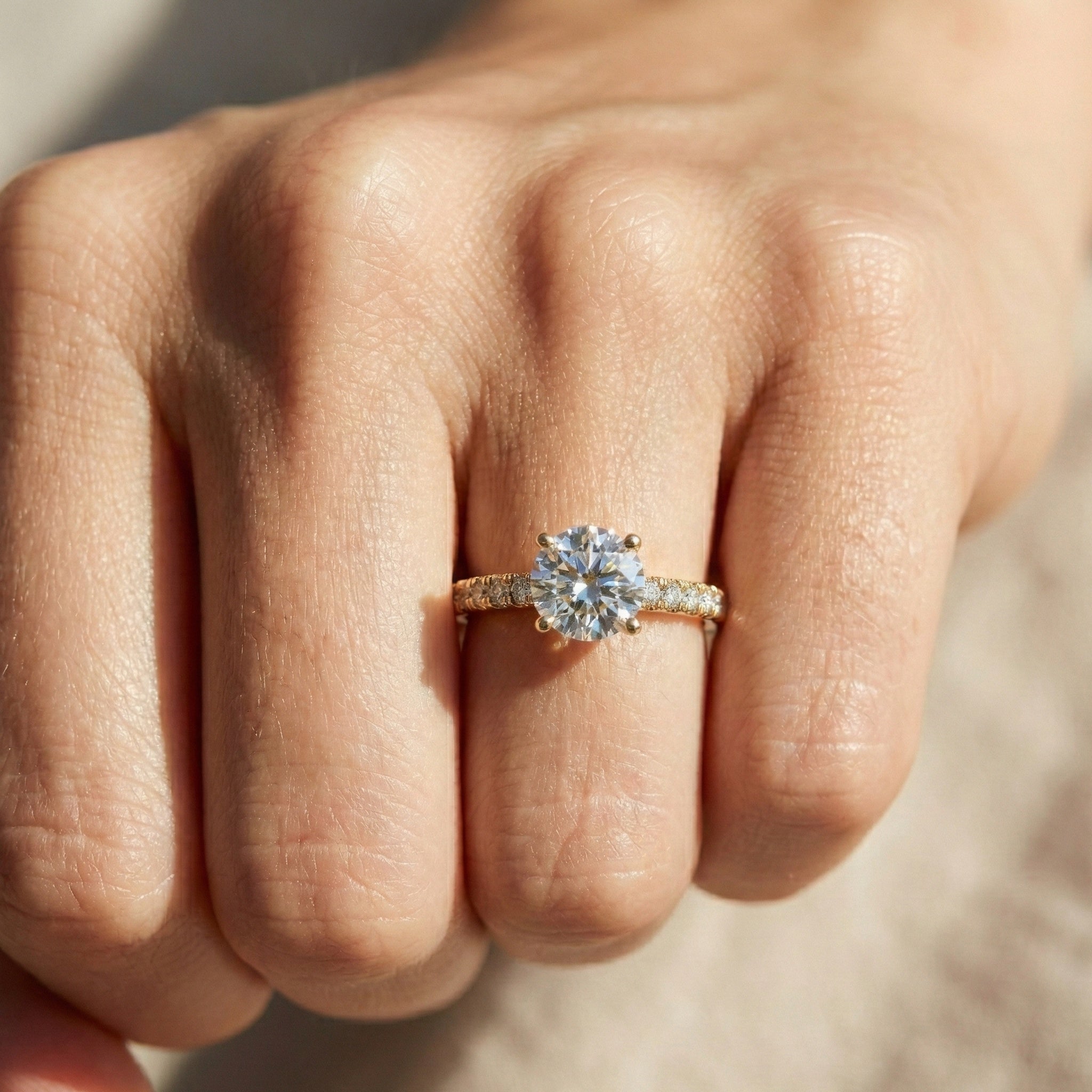 Classic Pavé Solitaire Engagement in 14K Solid Gold, 0.35 CT Round Cut Lab Created Diamond, Handmade Bridal Jewelry, Engagement Gift for Her