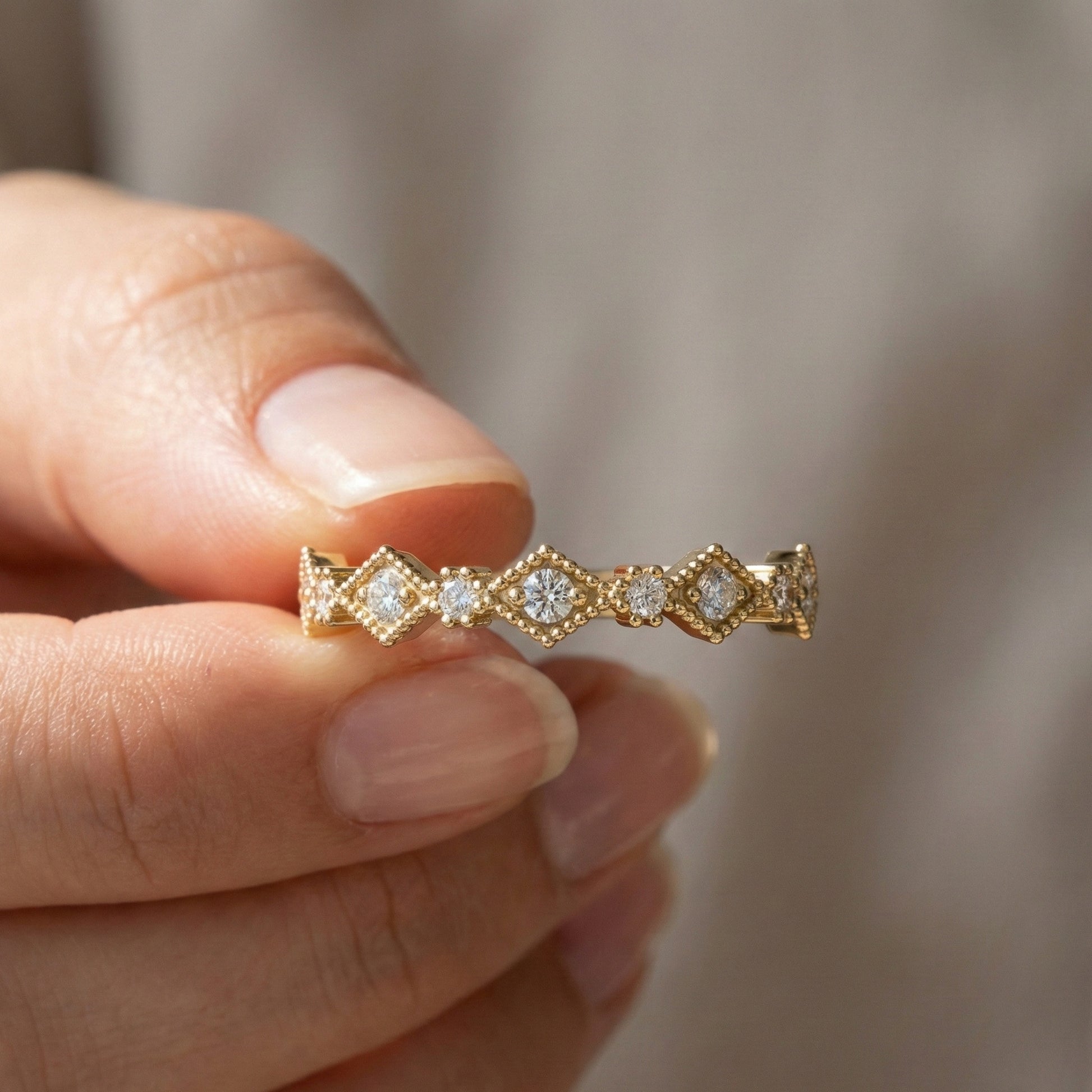 Vintage-Inspired Geometric Milgrain Wedding Band in 14K Solid Gold, 0.10 TCW Round Cut Lab Created Diamond, Stacker Gift For Her