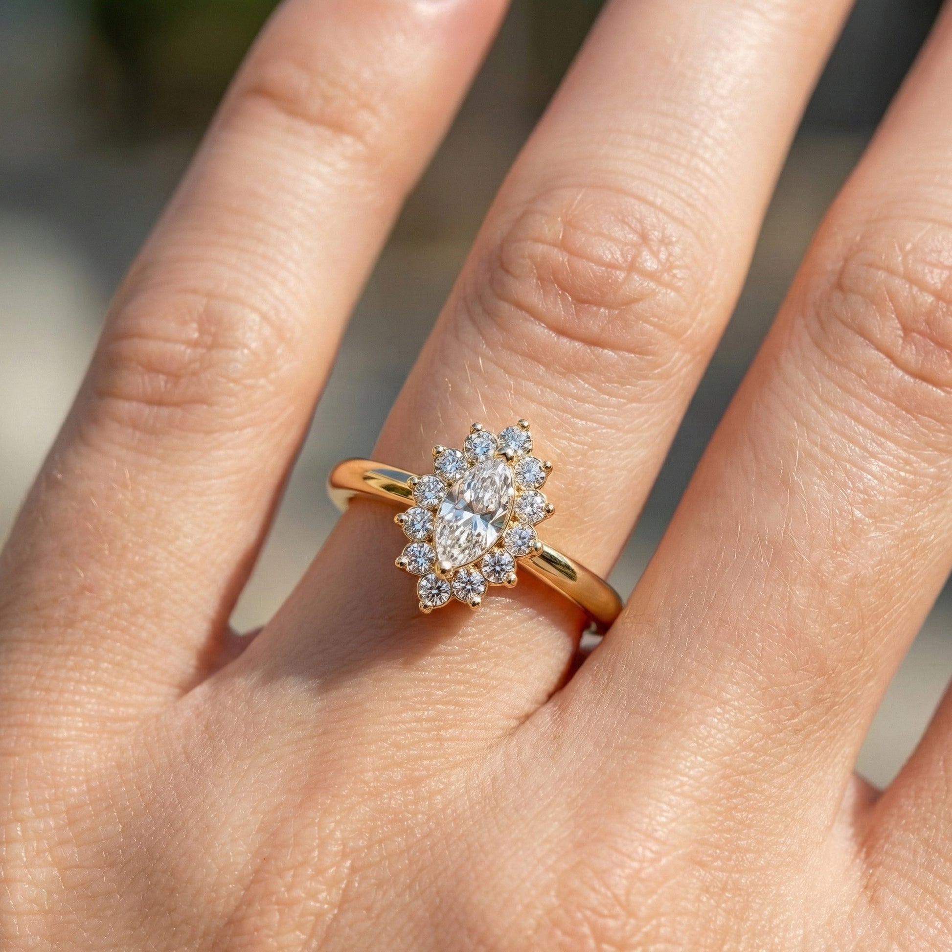 Marquise Floral Halo Cluster Engagement Ring in 14k Solid Gold, Unique Halo Wedding Band, Birthday Gift for Wife, Handmade Jewelry