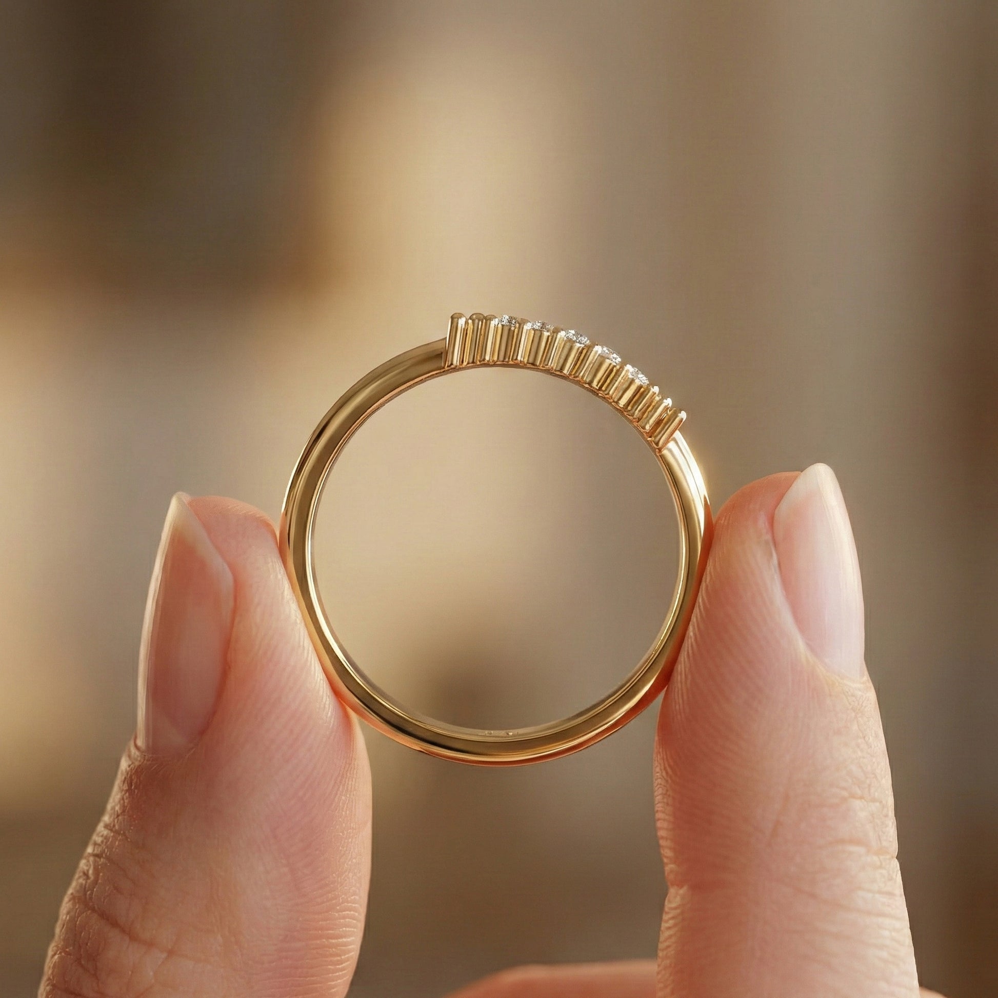 Curved Contour Bar-Set Round Accent Wedding Band in Lab Diamond – 14k  White Gold, Bridal Jewelry, Handmade Band For Women