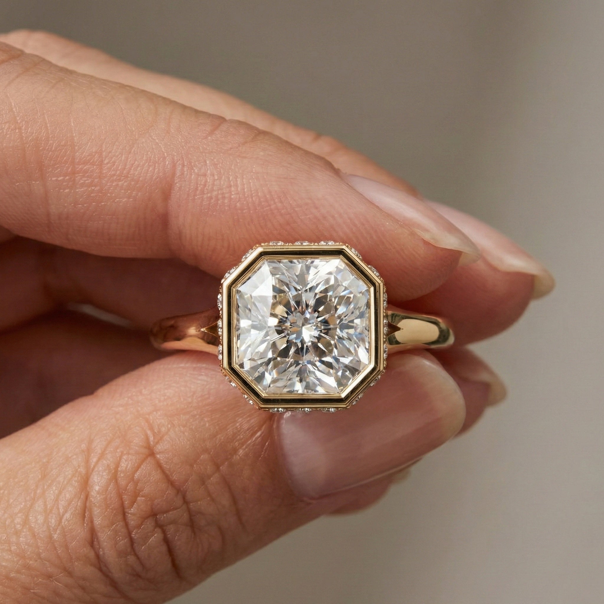 Bold Asscher Cut Bezel Hidden Halo Engagement Ring in Lab Grown Diamond – 18K Solid Gold, Tapered Band Geometric Solitaire Ring, Anniversary Gift for Wife