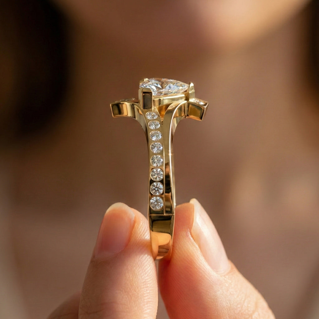 Trillion Cut Modern Sprit Shank Pave Engagement Ring in 14k Yellow Gold, Birthday Gift for Wife, Handmade Fine Jewelry