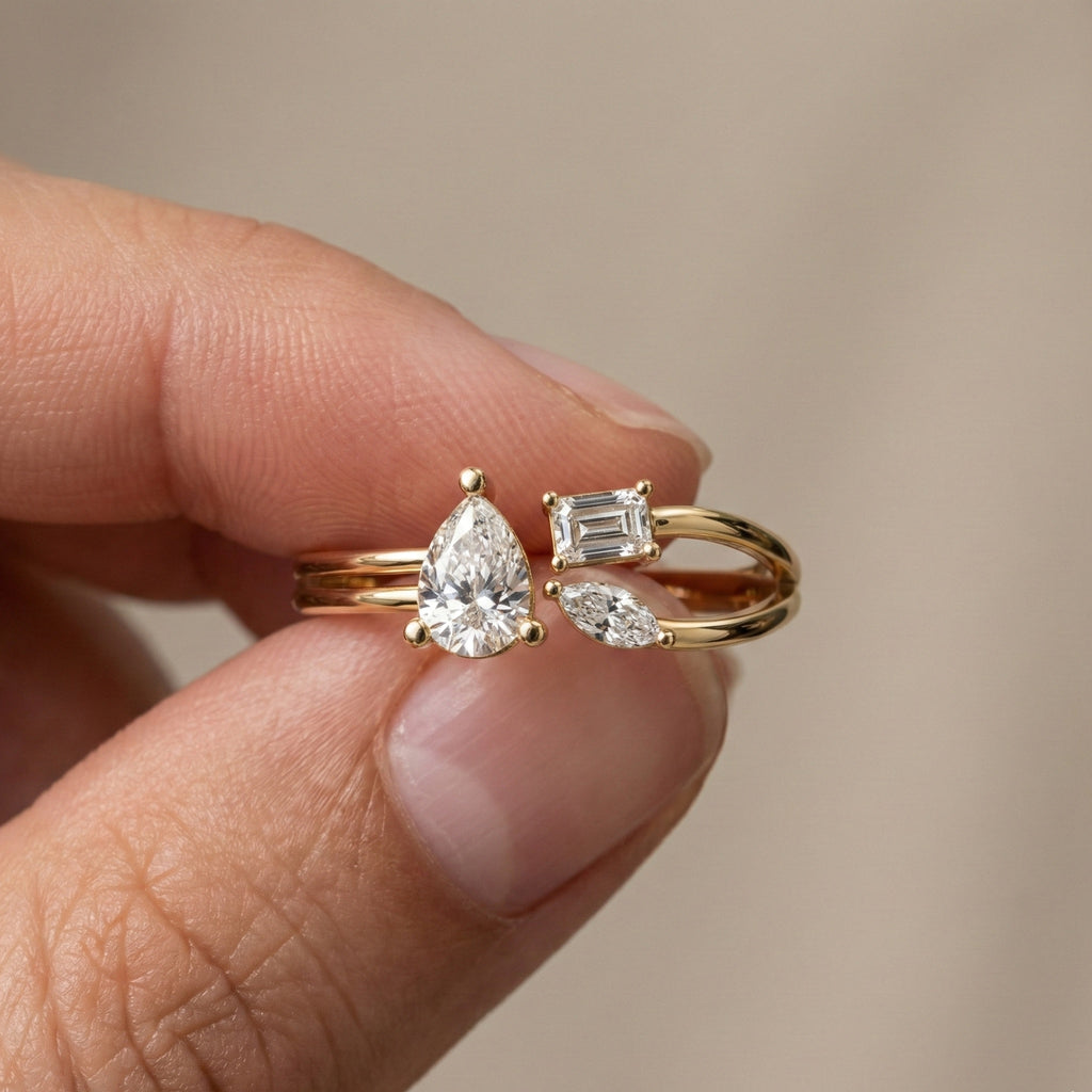 Sculpted Split Shank Three Stone Engagement Ring in 14K Solid Gold, 0.30 CT Pear Cut Lab Created Diamond, Gift for Her