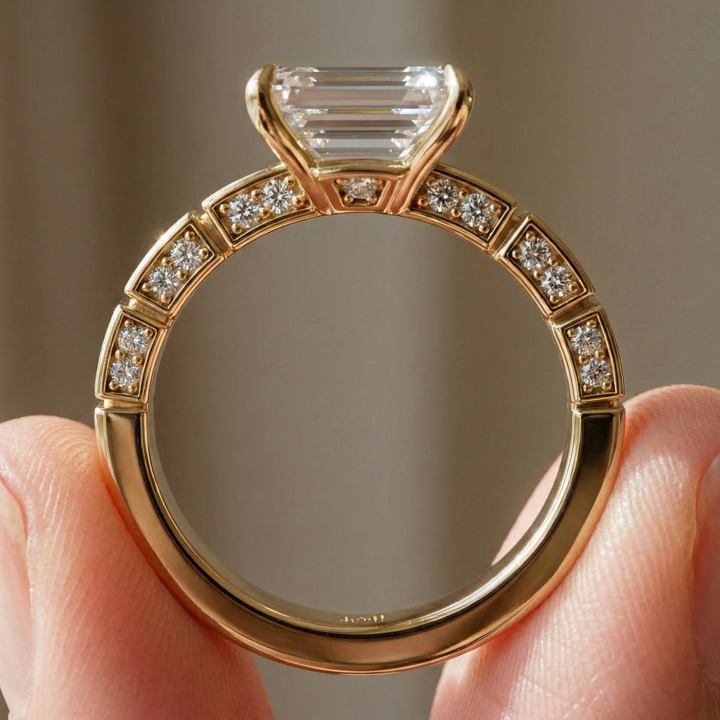 Emerald Cut Segmented Pavé Engagement Ring in 14K Solid Gold, 1.75 CT Emerald Cut Lab Created Diamond, Bridal Jewelry, Birthday Gift For Her