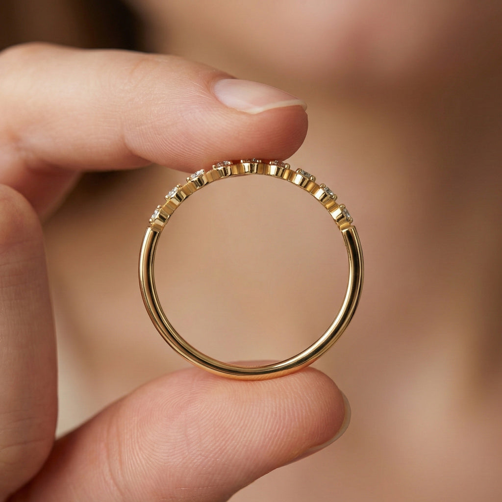 Heart Patterned Slim Stacker Wedding Ring in 14K Solid Gold, 0.07 TCW Round Cut Lab Created Diamonds, Everyday Ring, Birthday Gift For Her