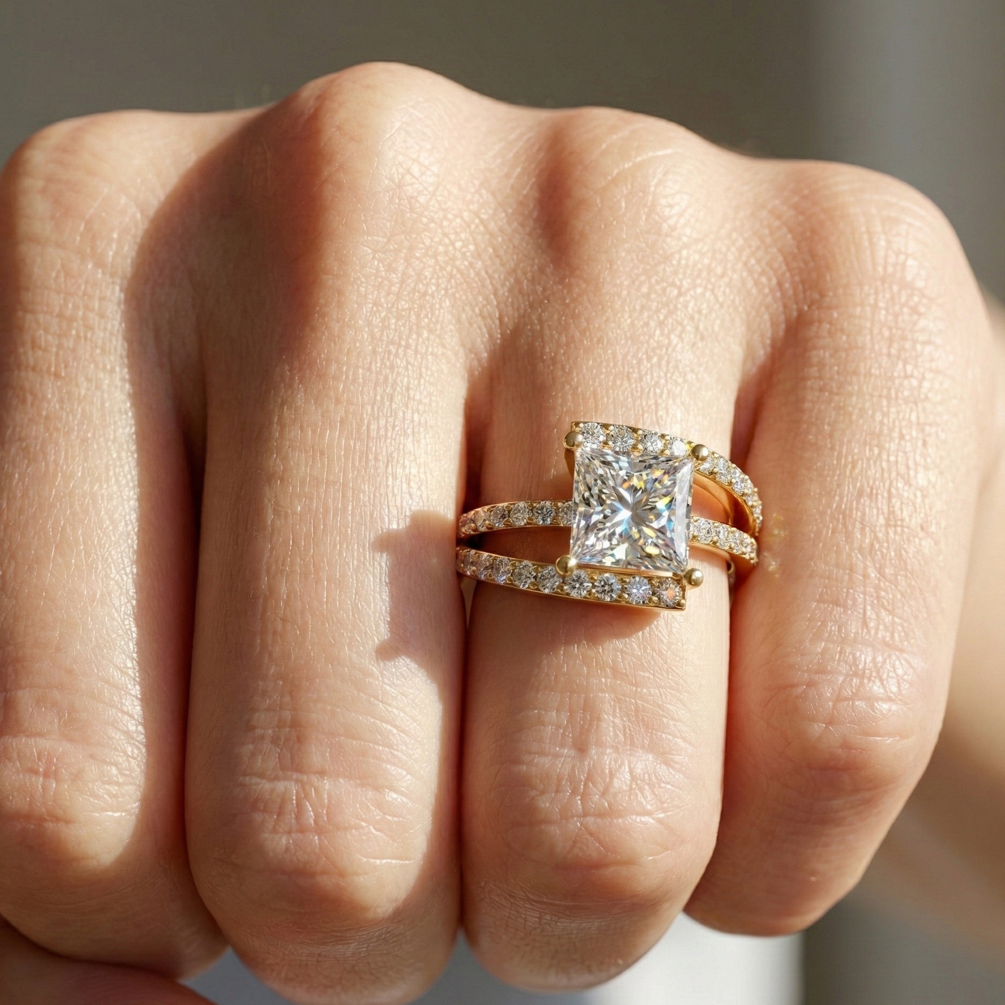 Modern Halo Split Shank Bypass Engagement Ring in 14K Solid Gold, 1.50 CT Princess Cut Lab Grown Diamond, Wedding Gift For Her