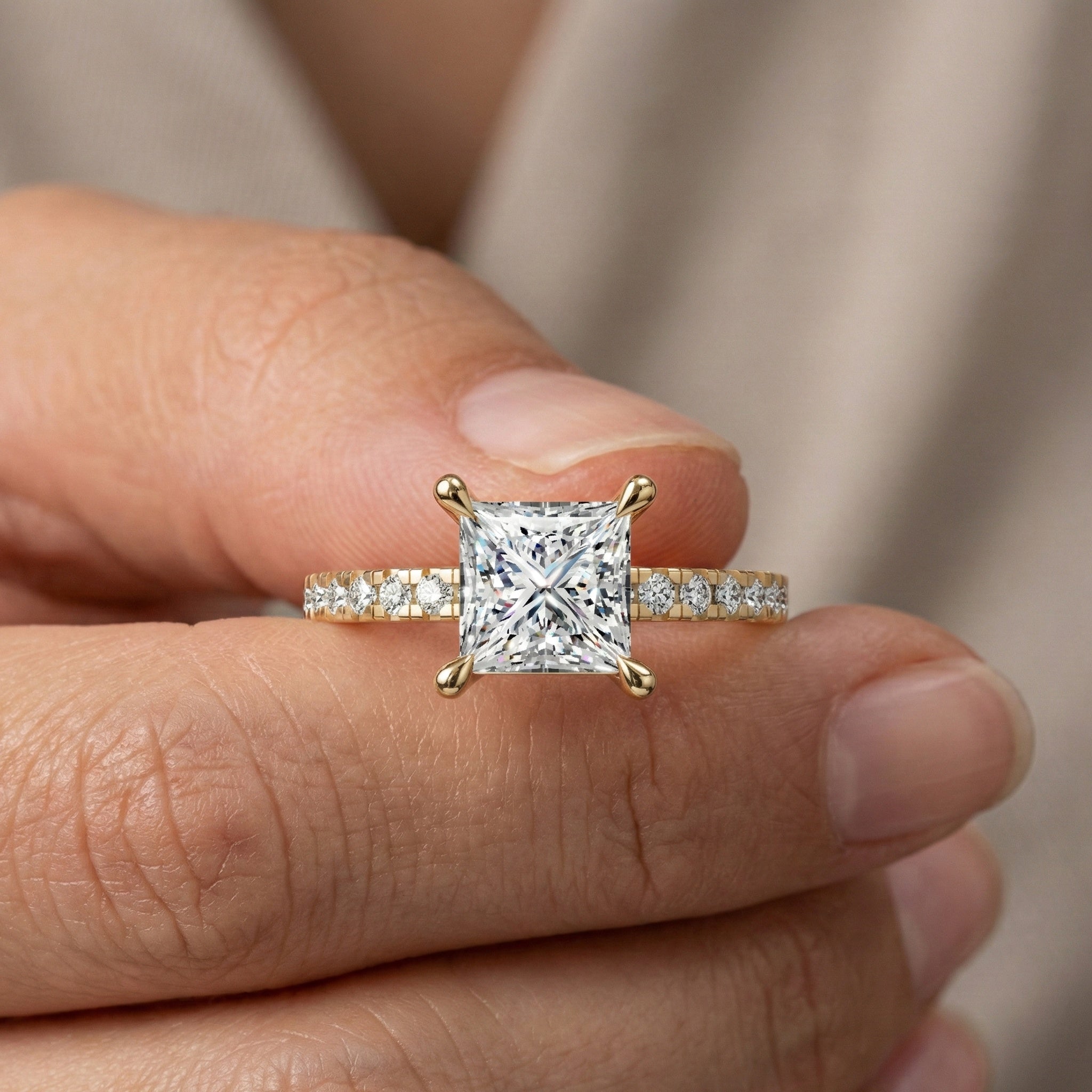 1.00 CT Princess Cut Pavé Band Solitaire Engagement Ring in Lab Grown Diamond - 14K Solid Gold, Bridal Gift for Her, Everyday Fine Jewelry