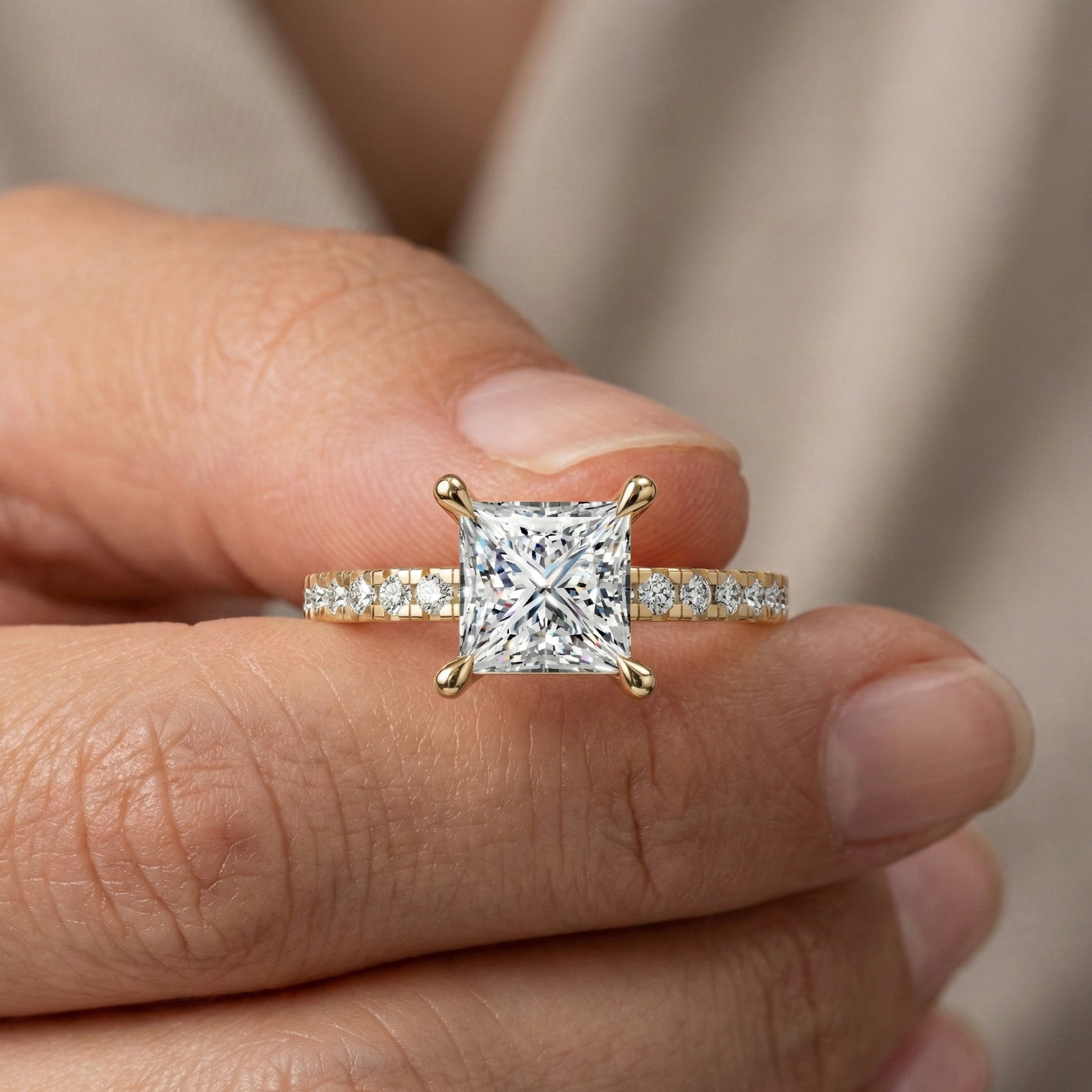 1.00 CT Princess Cut Pavé Band Solitaire Engagement Ring in Lab Grown Diamond - 14K Solid Gold, Bridal Gift for Her, Everyday Fine Jewelry