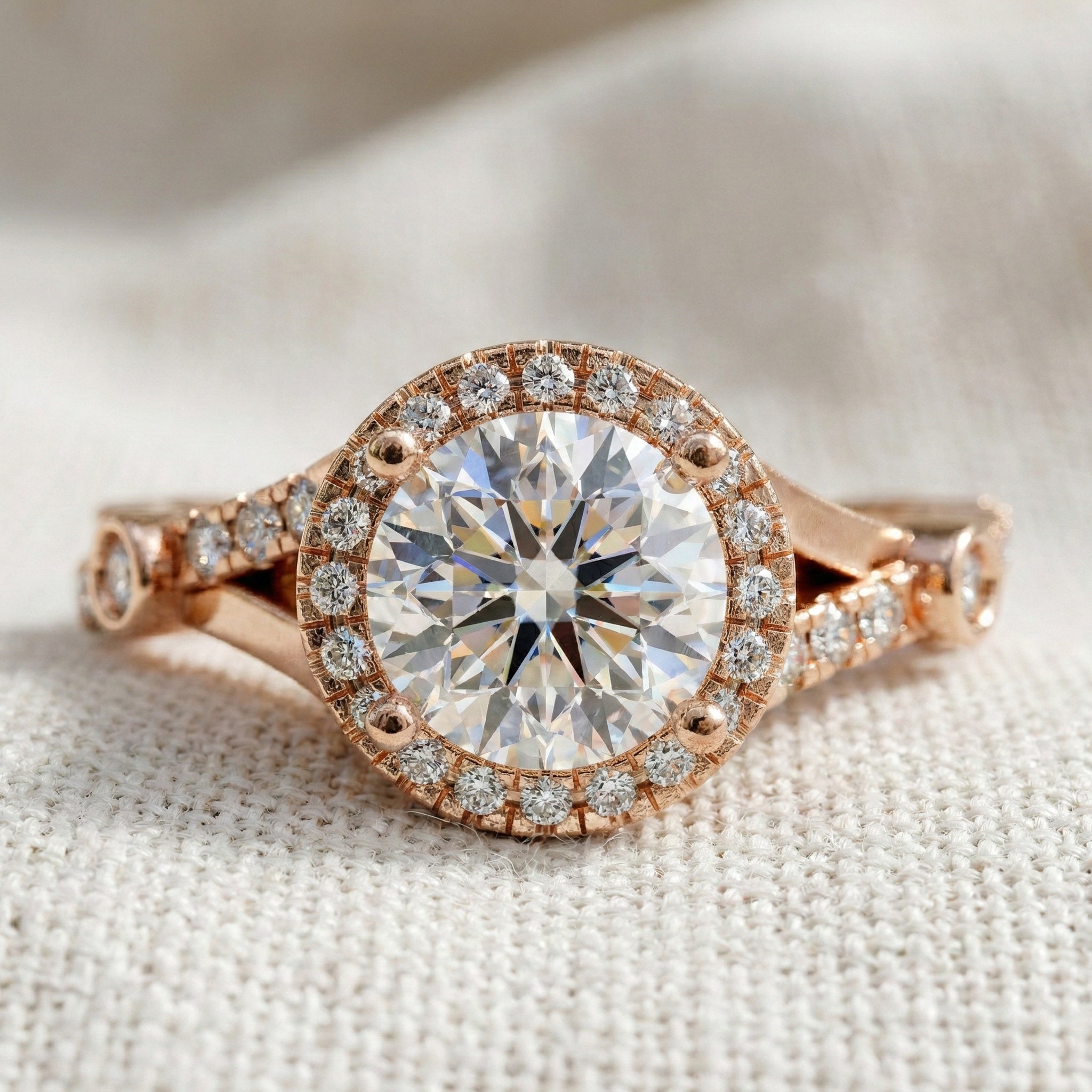 Round Halo Split Shank Engagement Ring in 14K Solid Gold, 0.70 CT Round Cut Lab Created Diamond, Proposal Ring, Gift for Her