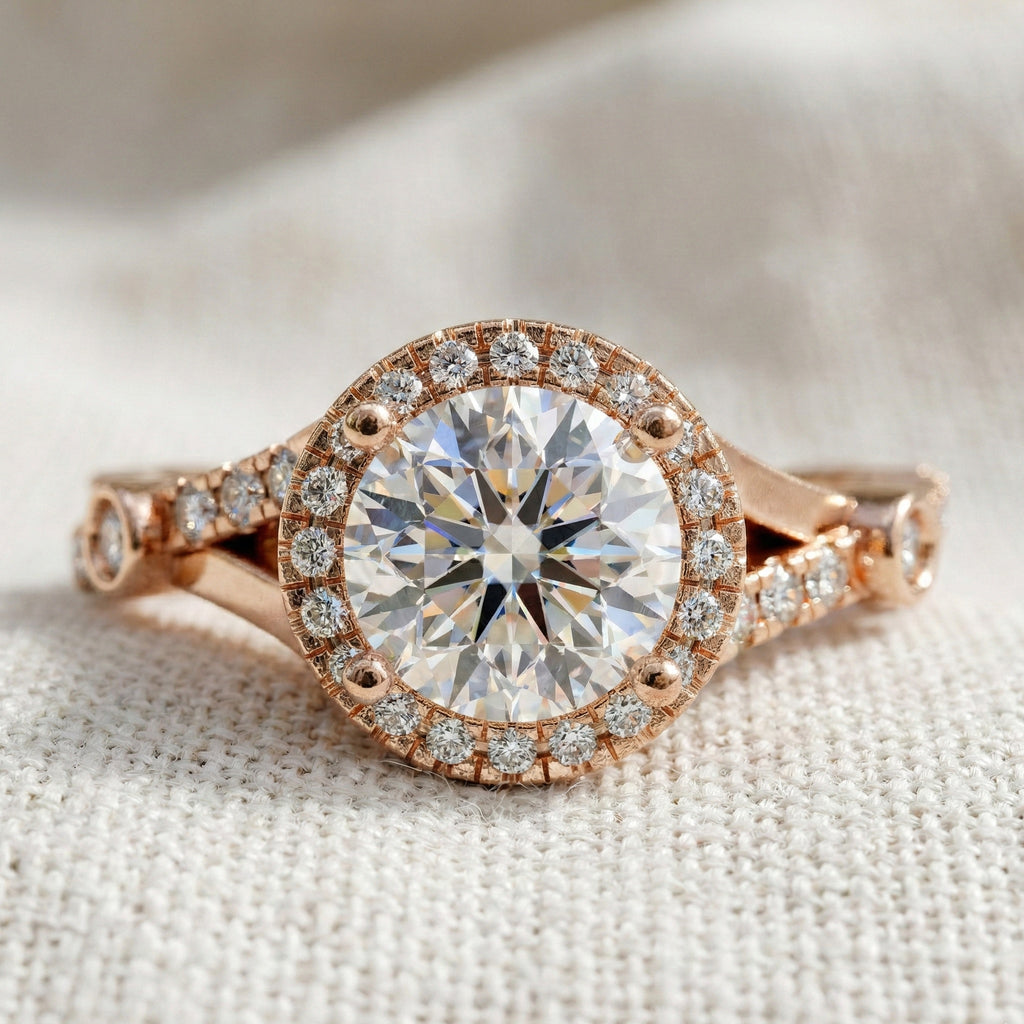 Round Halo Split Shank Engagement Ring in 14K Solid Gold, 0.70 CT Round Cut Lab Created Diamond, Proposal Ring, Gift for Her