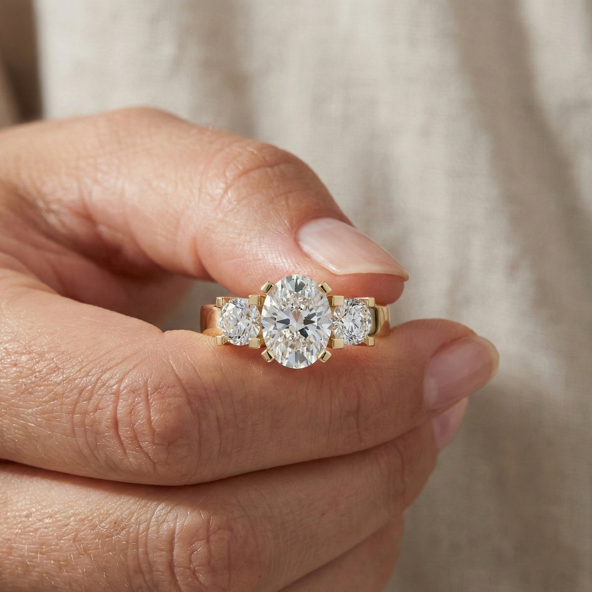 Oval/Round Cut Three Stone Lab Grown Diamond Engagement Ring in 14K Yellow Gold, Propose Ring, Handmade Jewelry