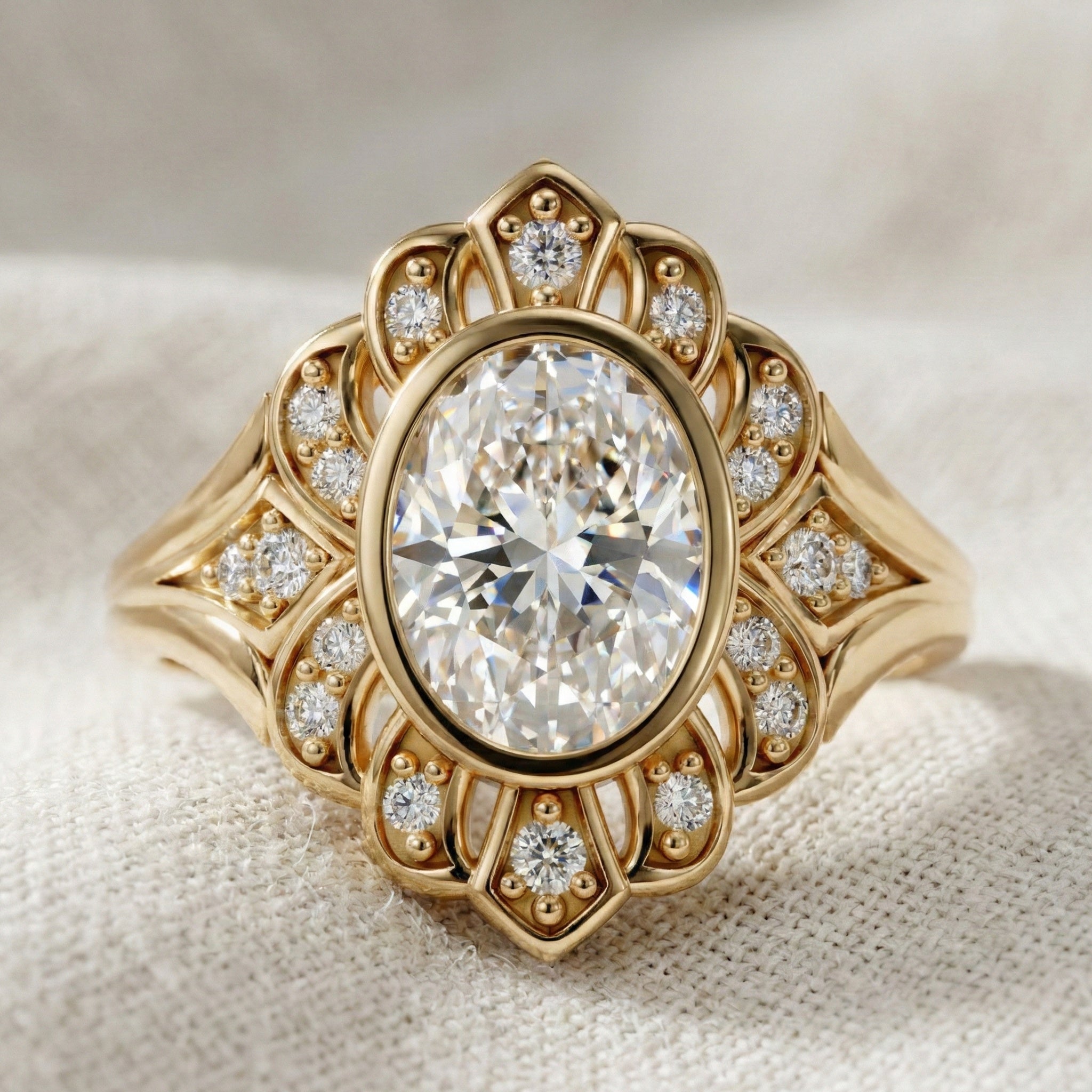 Vintage Floral Halo Wedding Ring in Lab Grown Diamond – Solid 9k/14k Gold or Sterling Silver Engagement Ring Bridal Jewelry Gift for Wife, Handmade Jewelry