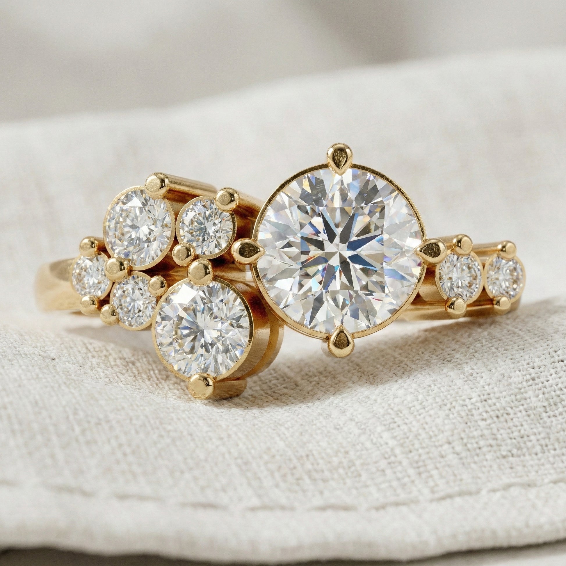 Asymmetrical Cluster Three Stone Engagement Ring in 14K Solid Gold, 0.70 CT Round Cut Lab Grown Diamond, Bridal Jewelry, Gift  For Her