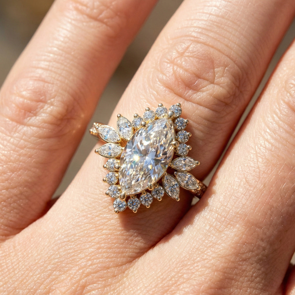 Art Deco Marquise Cluster Engagement Ring in 14k Solid Gold, 1.49 TCW Marquise/Round Cut Lab Created Diamonds, Anniversary Gift For Wife, Daily Wear Jewelry