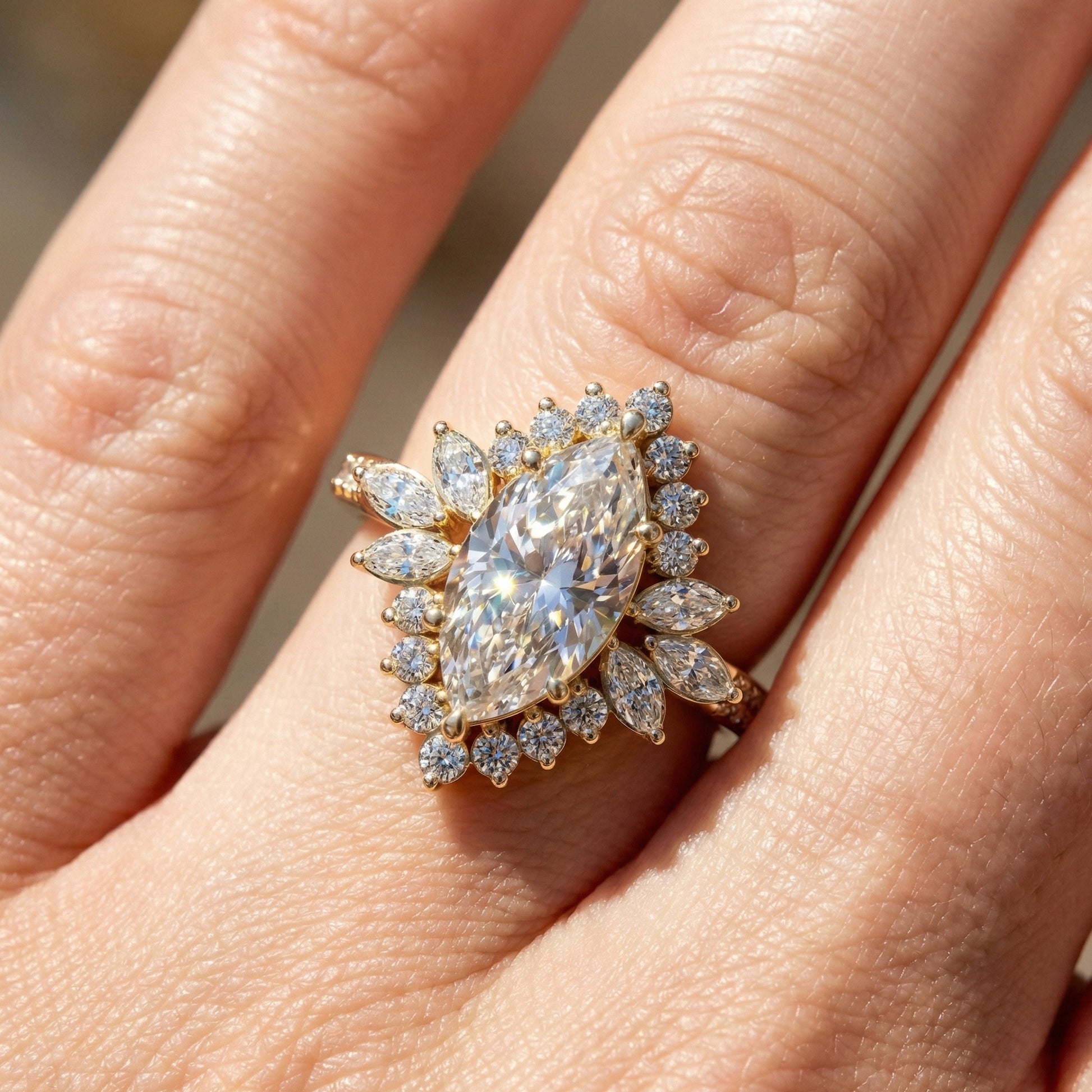 Art Deco Marquise Cluster Engagement Ring in 14k Solid Gold, 1.49 TCW Marquise/Round Cut Lab Created Diamonds, Anniversary Gift For Wife, Daily Wear Jewelry