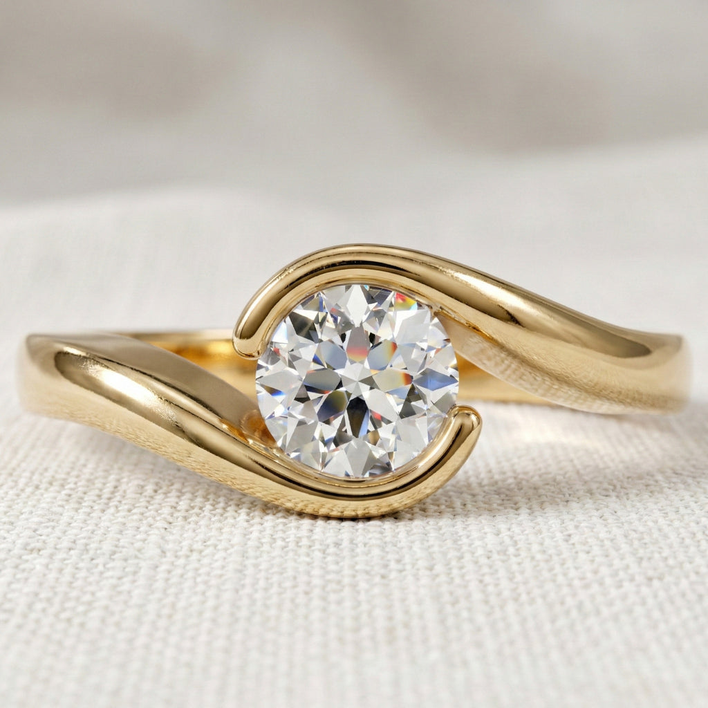 Swirl Bypass Solitaire Semi-Bezel Engagement Ring in 18K Rose Gold, 0.50 CT Round Cut Lab Grown Diamond, Promise Ring For Her