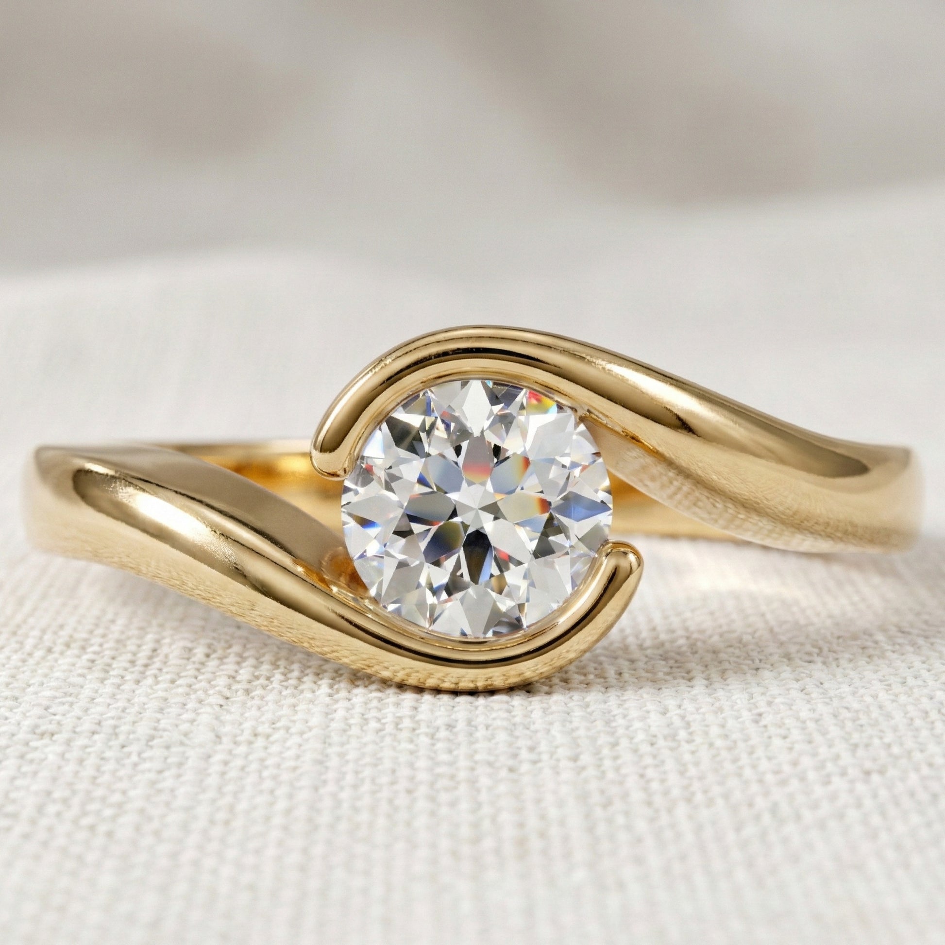 Swirl Bypass Solitaire Semi-Bezel Engagement Ring in 18K Rose Gold, 0.50 CT Round Cut Lab Grown Diamond, Promise Ring For Her