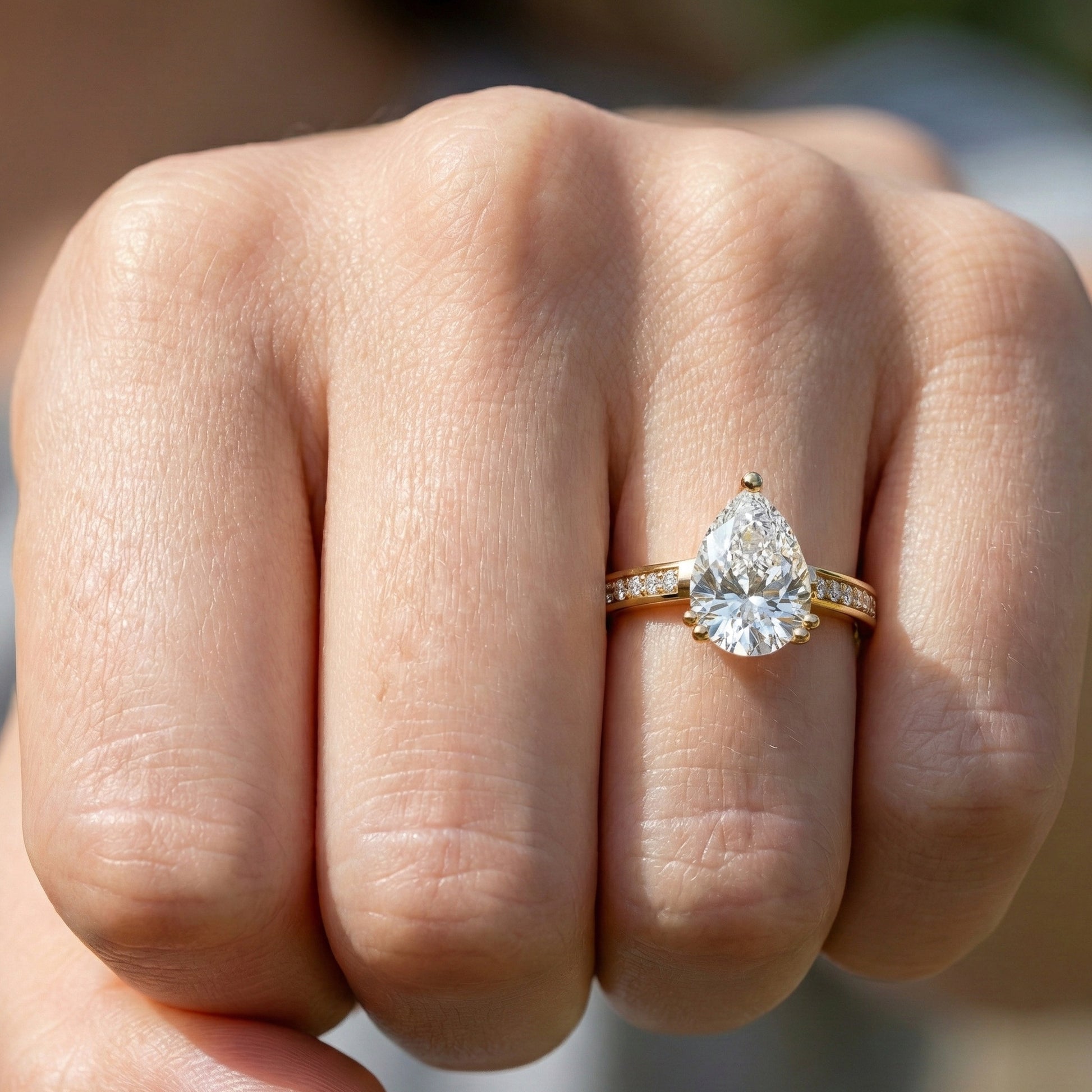 1.25 CT Pear Cut Hidden Halo Pave Engagement Ring in Lab Grown Diamond - 14K Solid Gold, Wedding Gift for Wife, Handmade Everyday Ring