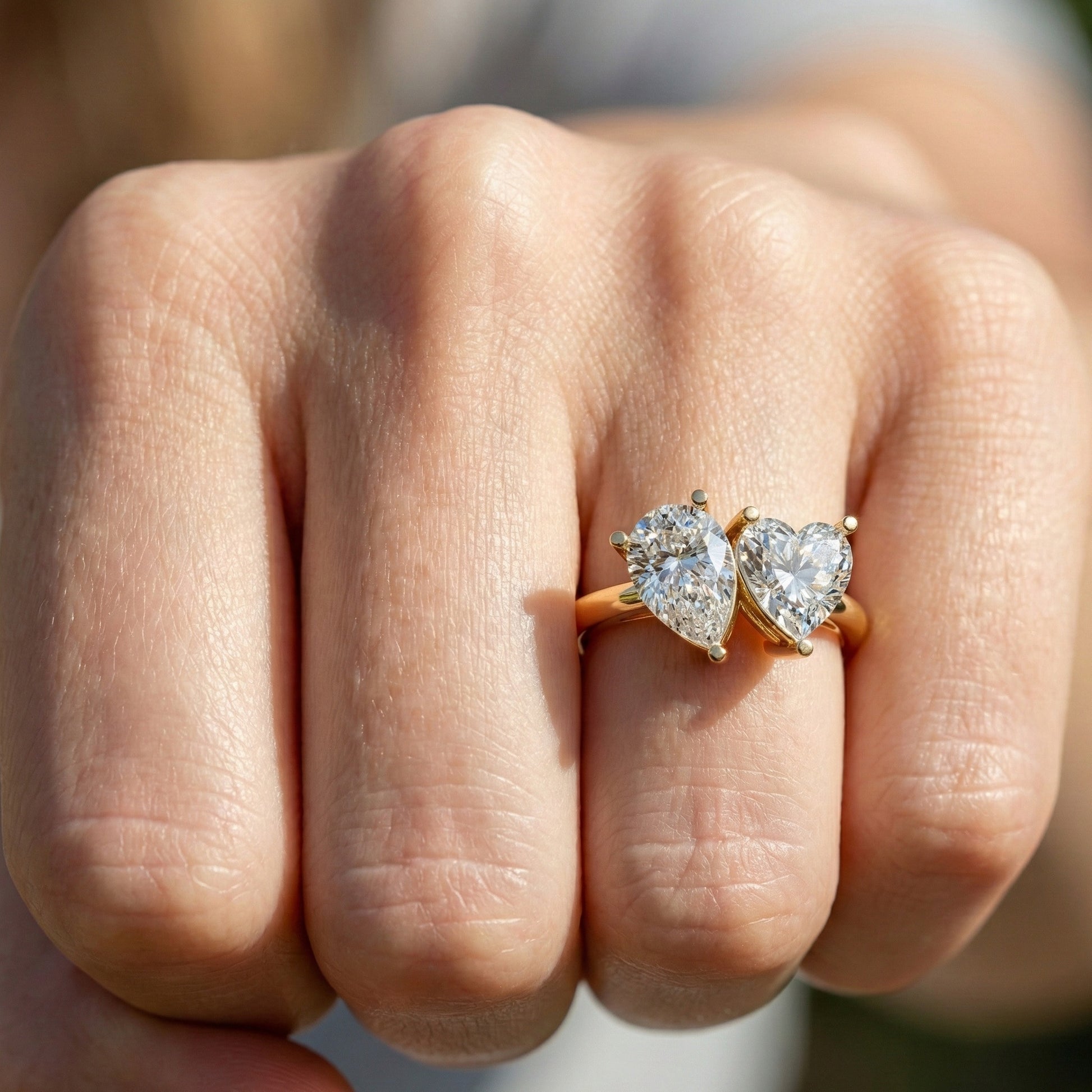 Unique Toi et Moi Two Stone Engagement Ring in 14k Rose Gold, 4.25 TCW Heart/Pear Cut Lab Grown Diamonds, Anniversary Gift For Wife, Love Token Ring