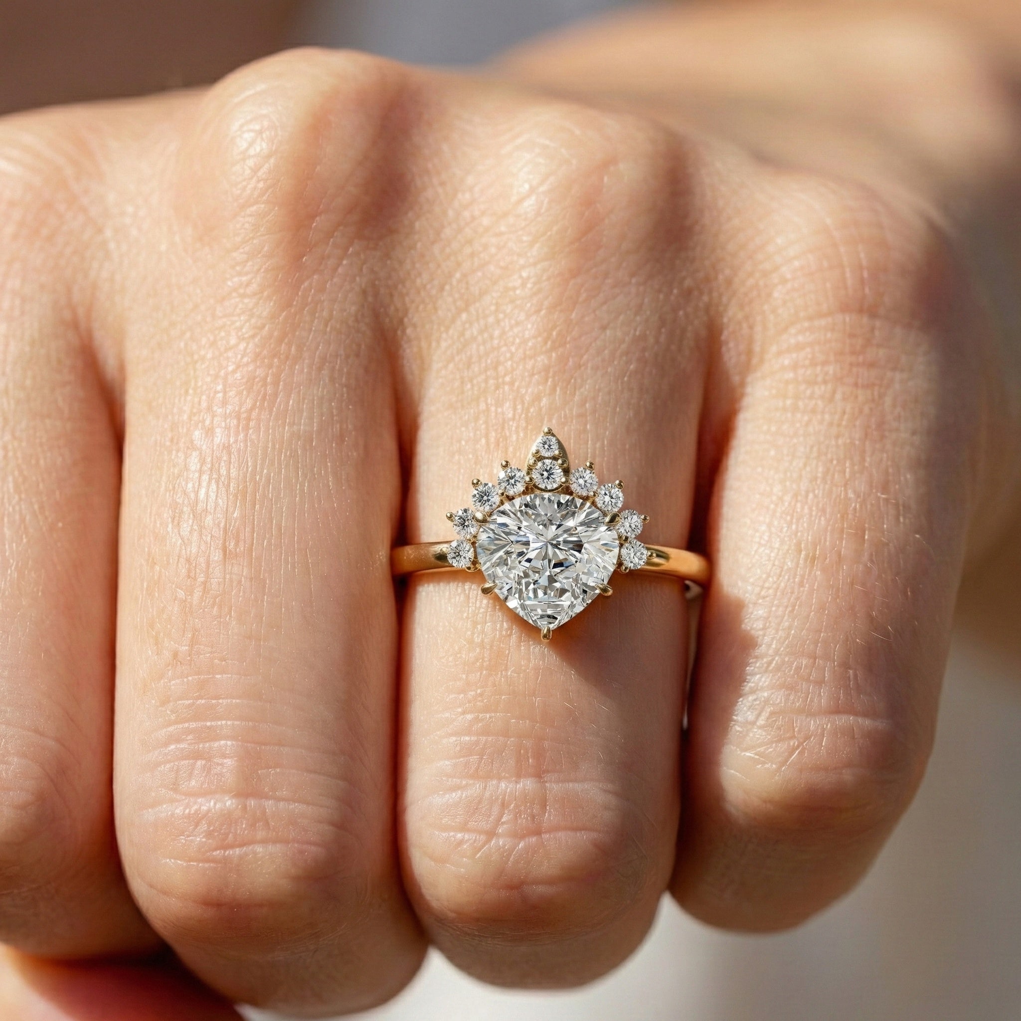 Crown Halo Pear Cut Cluster Engagement Ring in 18K Solid Gold, 0.95 TCW Lab Diamond Unique Wedding Bridal Jewelry, Anniversary Gift for Women